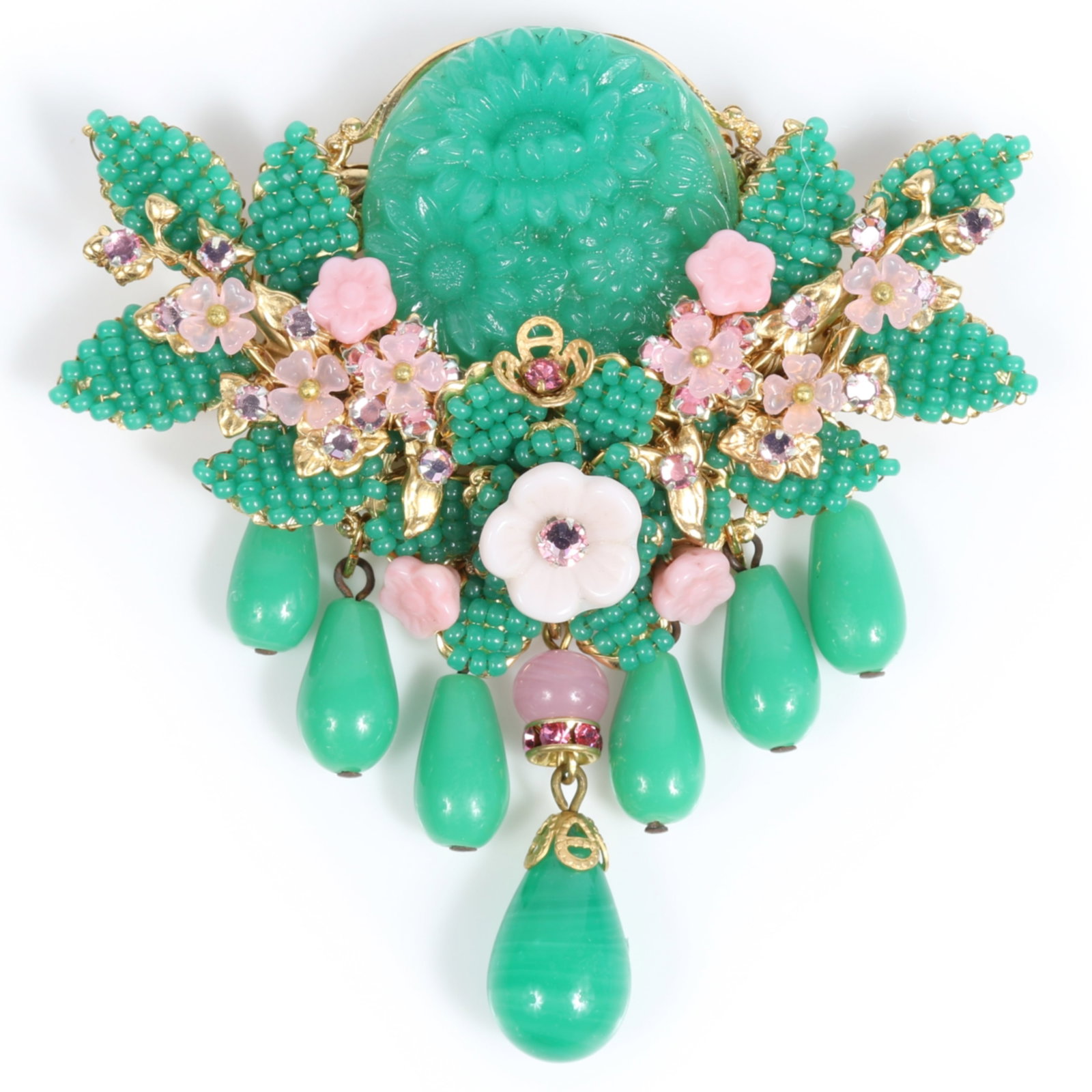 Stanley Hagler Ian St. Gielar hand-wired green seed bead and pink floral brooch with green swirled: Stanley Hagler Ian St. Gielar hand-wired green seed bead and pink floral brooch with green swirled art glass drops Provenance: From the Collection of Joan Duran, owner of The Queen's Bedroom on Facebo