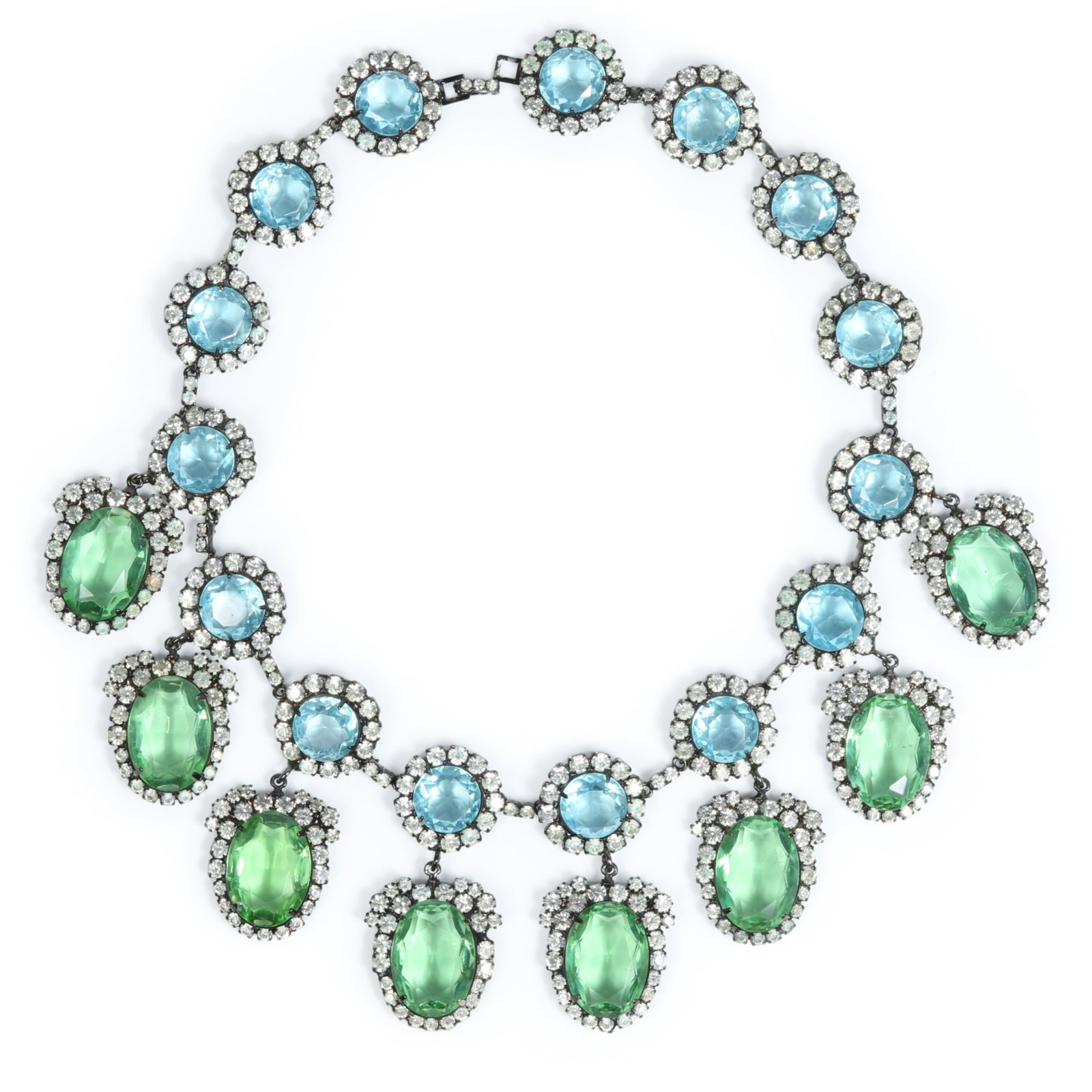 Kenneth Jay Lane KJL "Treasures of the Duchess" (Of Winsor) rhinestone bib necklace featuring aqua: Kenneth Jay Lane KJL "Treasures of the Duchess" (Of Winsor) rhinestone bib necklace featuring aqua and peridot crystal drops Provenance: From the private collection of Dr. Claudia Brodhead 19"L x 2 1/