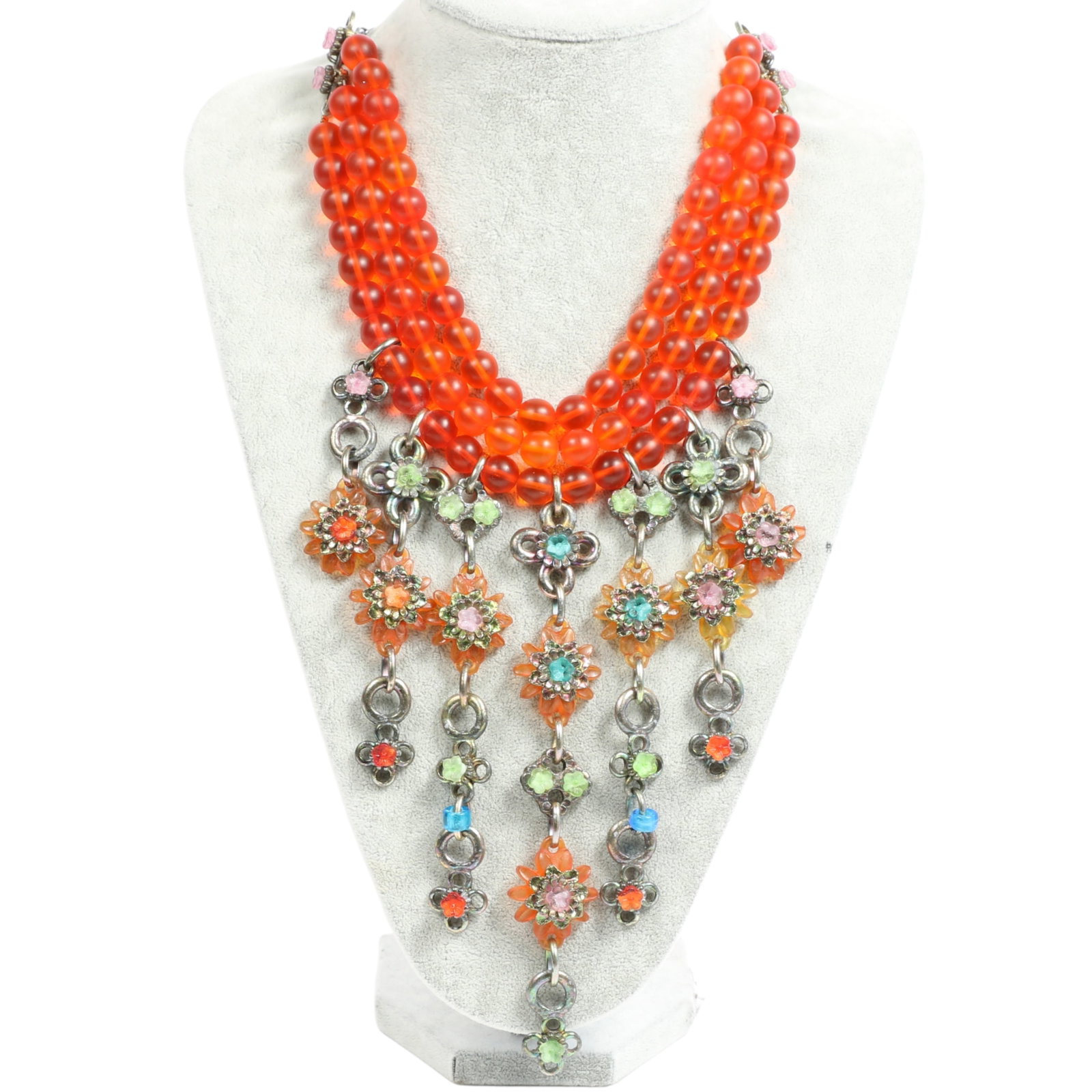 Jean Paul Gaultier fabulous runway bib necklace with multi strand orange glass beads and long fringe: Jean Paul Gaultier fabulous runway bib necklace with multi strand orange glass beads and long fringe decorated with resin and glass flowers Provenance: From the private collection of Dr. Claudia Brodh
