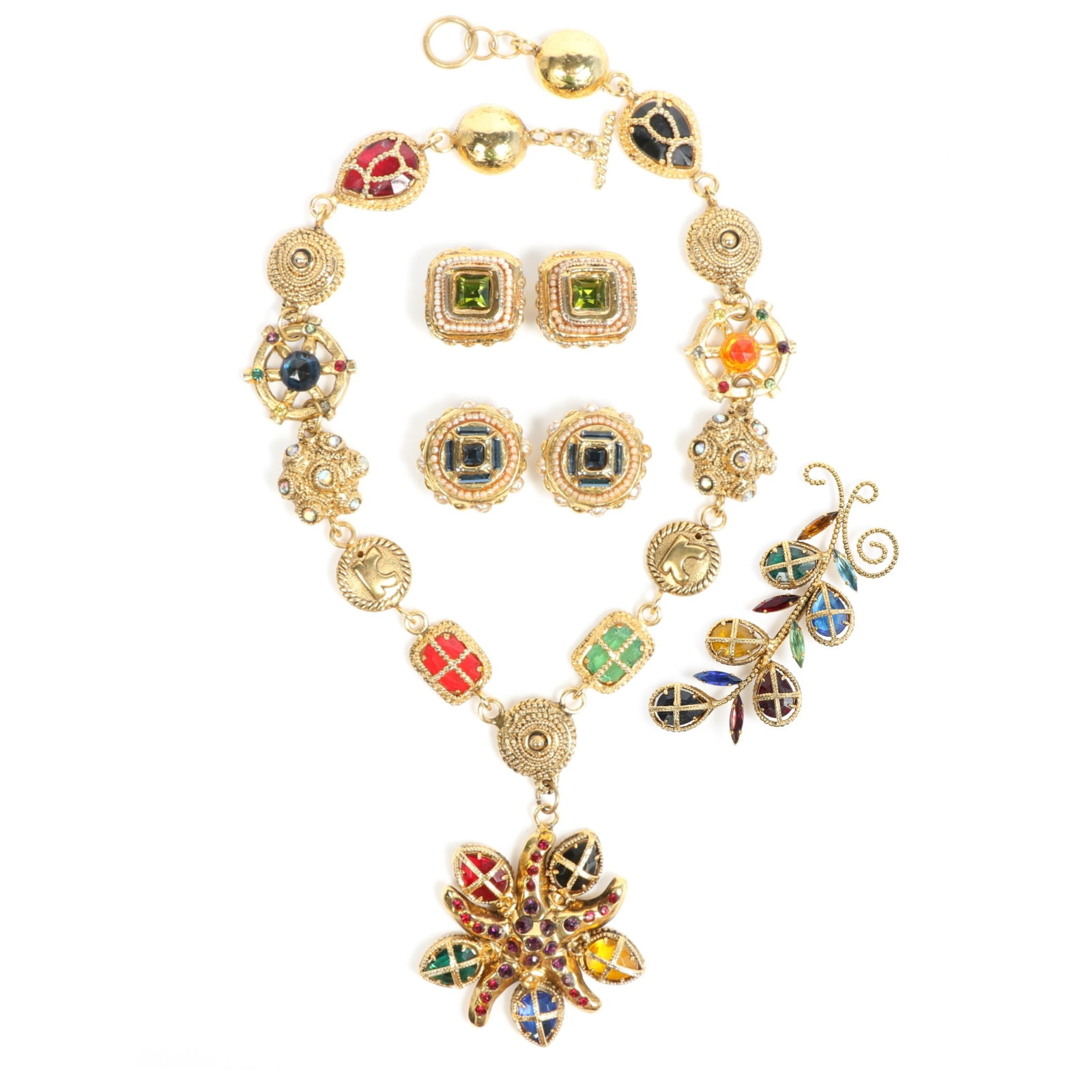 Kalinger Paris 4pc French couture group: huge brightly colored glass and rhinestone crystal necklace: Kalinger Paris 4pc French couture group: huge brightly colored glass and rhinestone crystal necklace with two pairs of complementary earrings, and brooch Provenance: From the private collection of Dr.