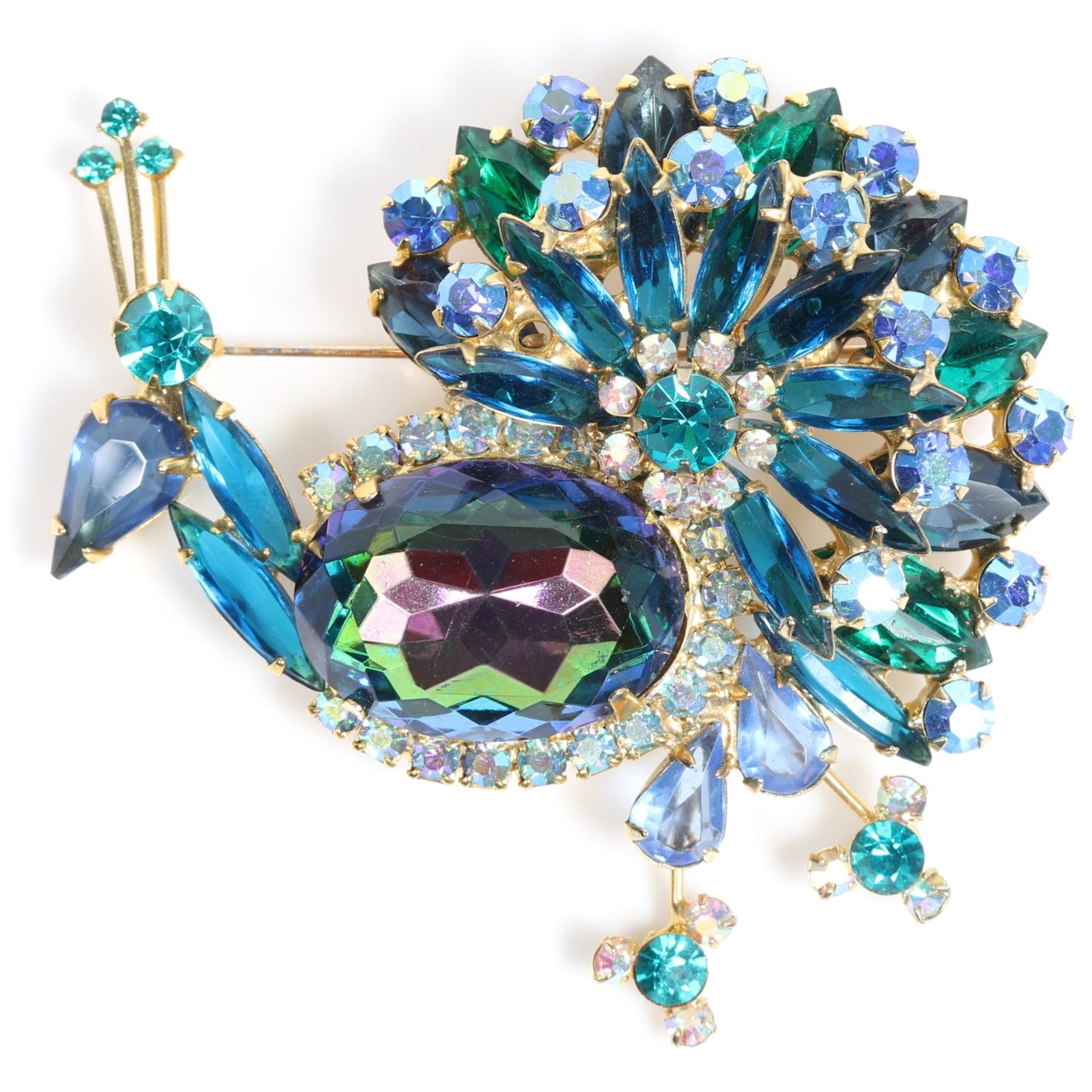 Rare Juliana peacock book piece brooch with large watermelon tourmaline jewel belly and tiered tail (1 of 10)