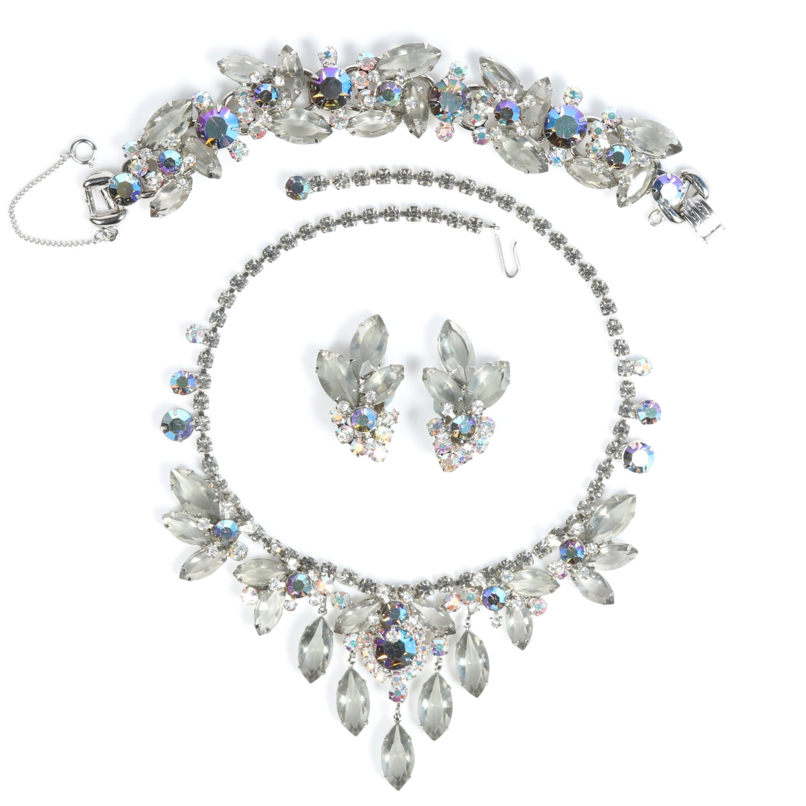 D & E Juliana parure with gray navette rhinestones and iridescent AB crystals, includes necklace, (1 of 11)
