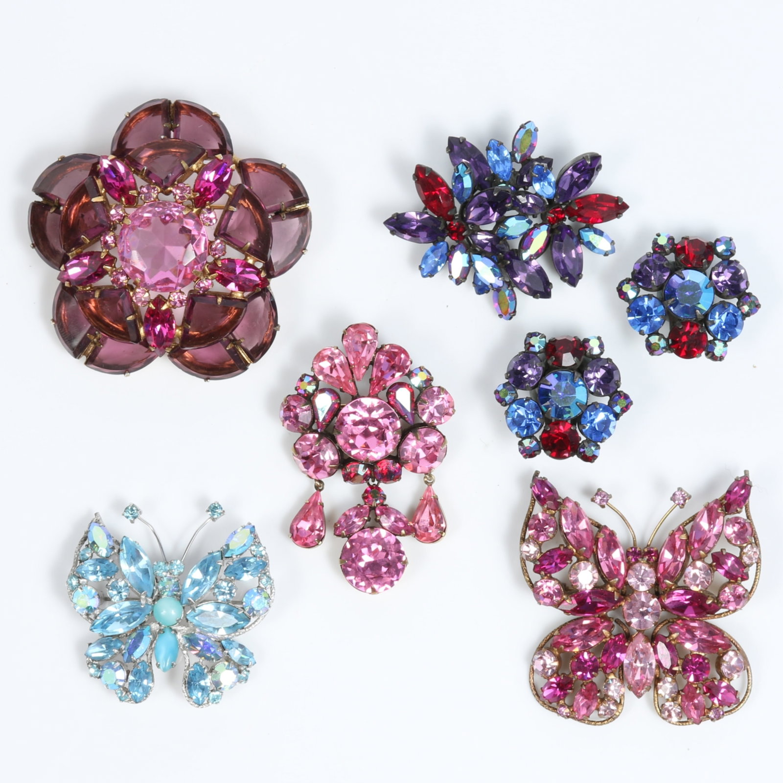 Regency 6pc brooch and earring group in shades of pinks and blues, including butterfly and floral (1 of 20)