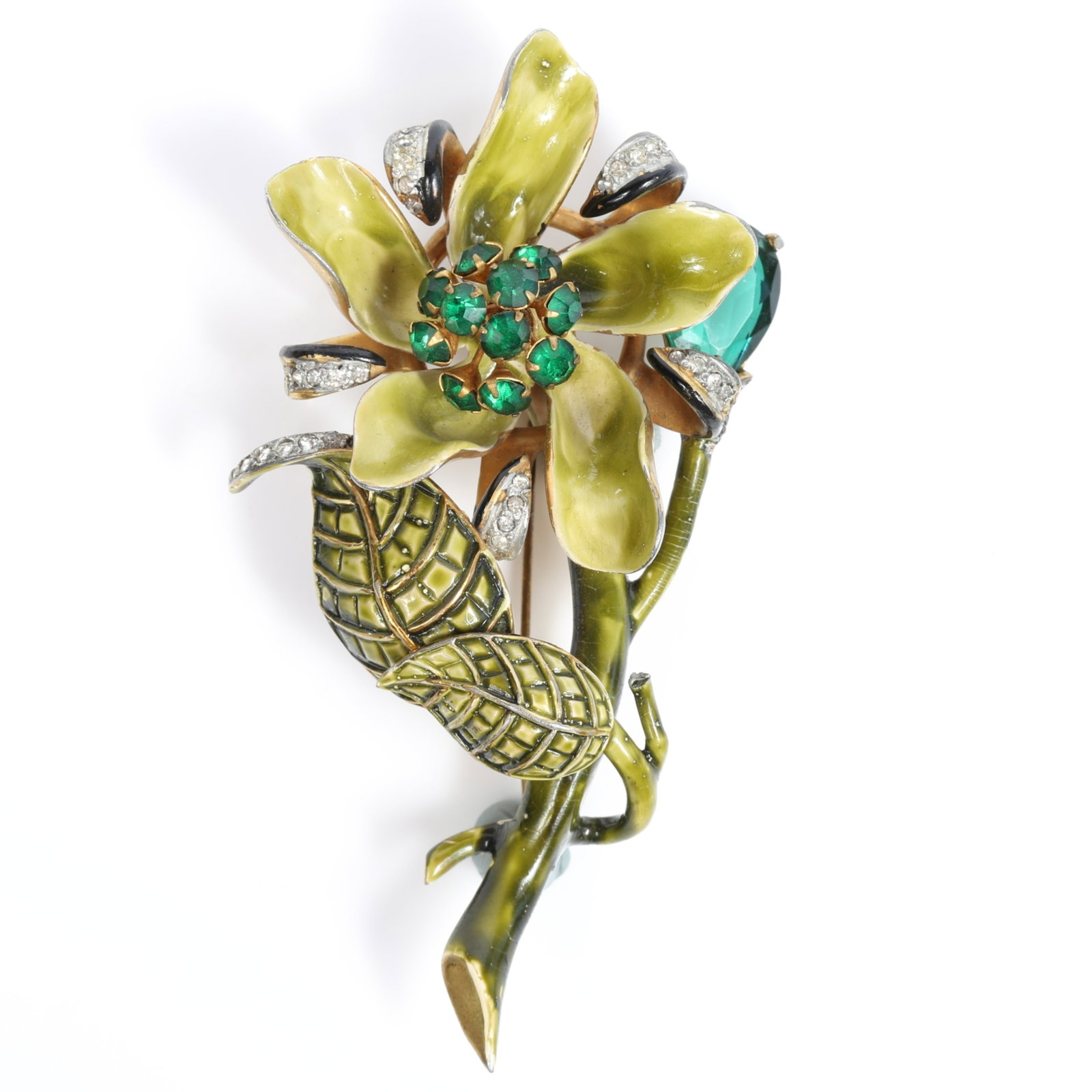 Large Sandor floral green and black enamel brooch with green rhinestone crystals and pave rhinestone (1 of 8)