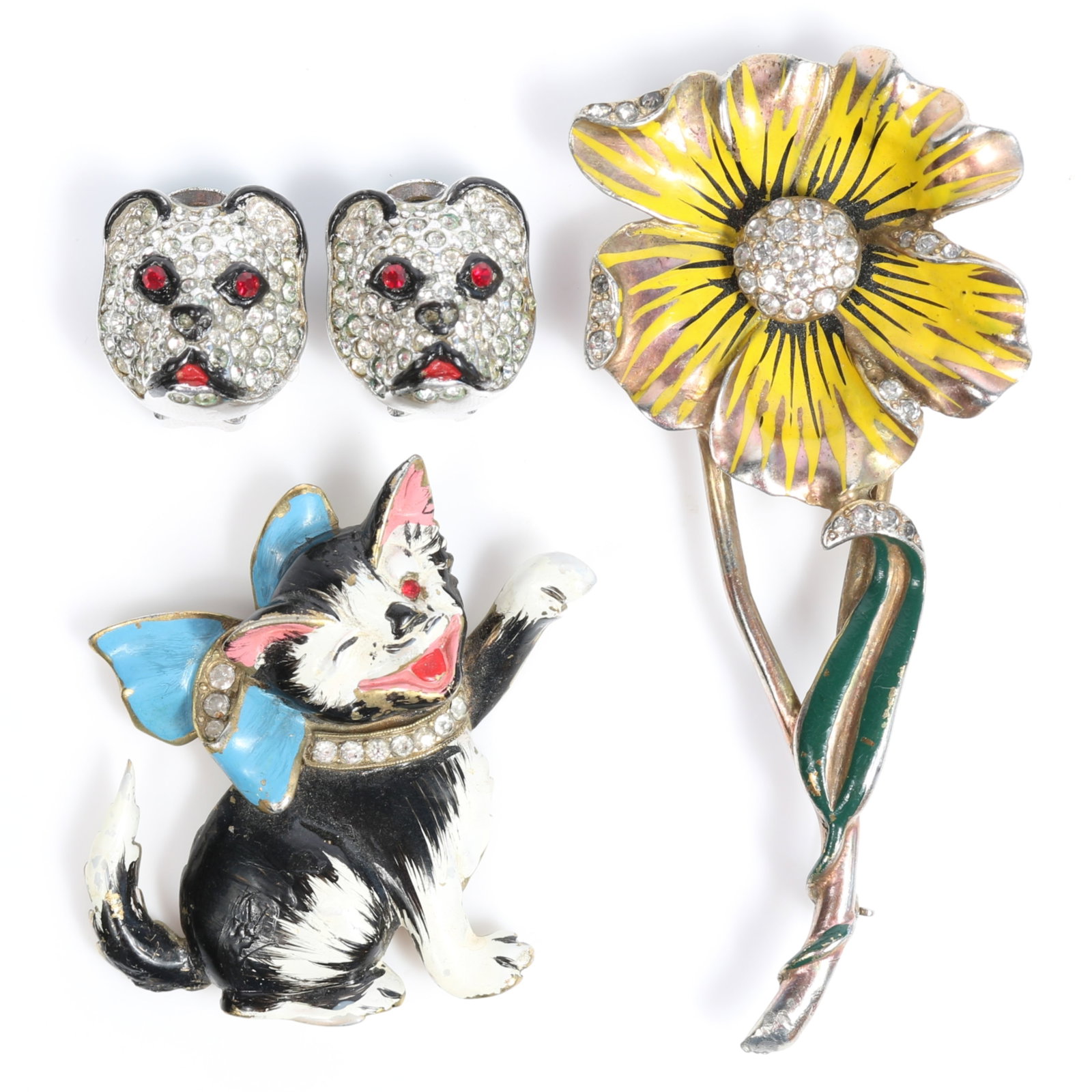 Reja retro figural and floral 3pc group including rhinestone and enamel kitten dress clip with bow, (1 of 14)