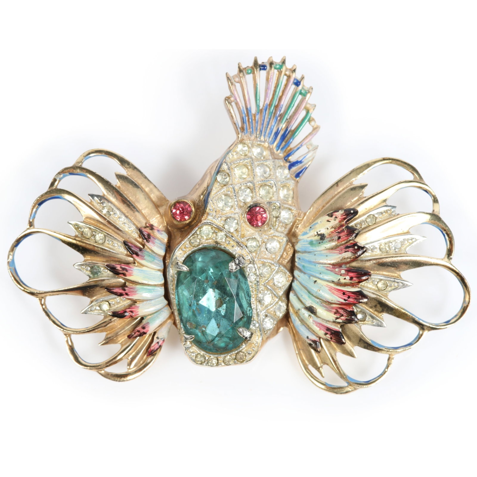 Coro Craft / Corocraft sterling vermeil "Rock Fish" enamel and rhinestone crystal book piece brooch: Coro Craft / Corocraft sterling vermeil "Rock Fish" enamel and rhinestone crystal book piece brooch with large blue jewel mouth Provenance: From the Collection of Joan Duran, owner of The Queen's Bedr