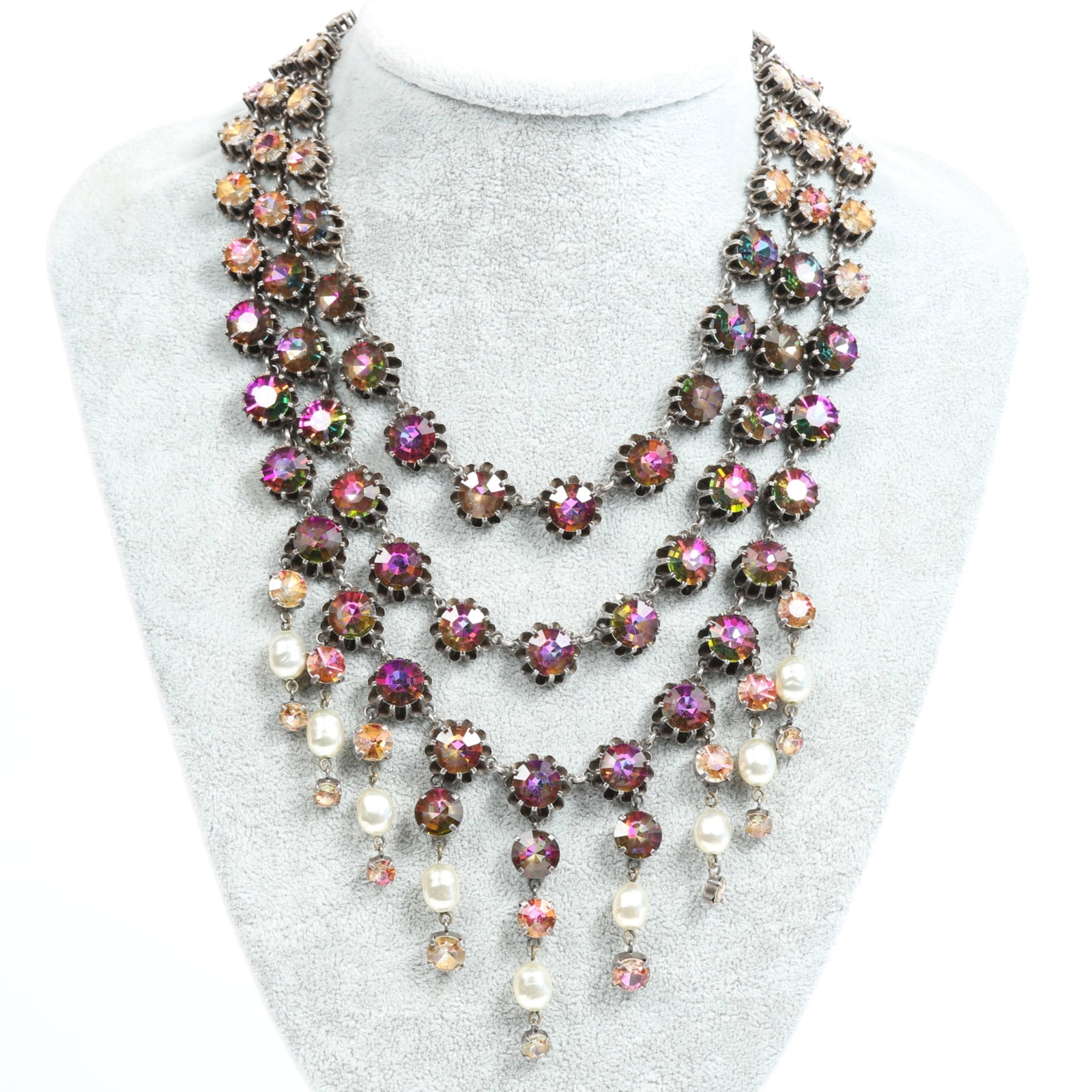 Attributed to CIS Countess Cissy Zoltowska, tiered collar necklace featuring multi-strand swags: Attributed to CIS Countess Cissy Zoltowska, tiered collar necklace featuring multi-strand swags constructed with vibrant magenta and fuchsia pink Austrian crystals set in silver-tone or rhodium-plated