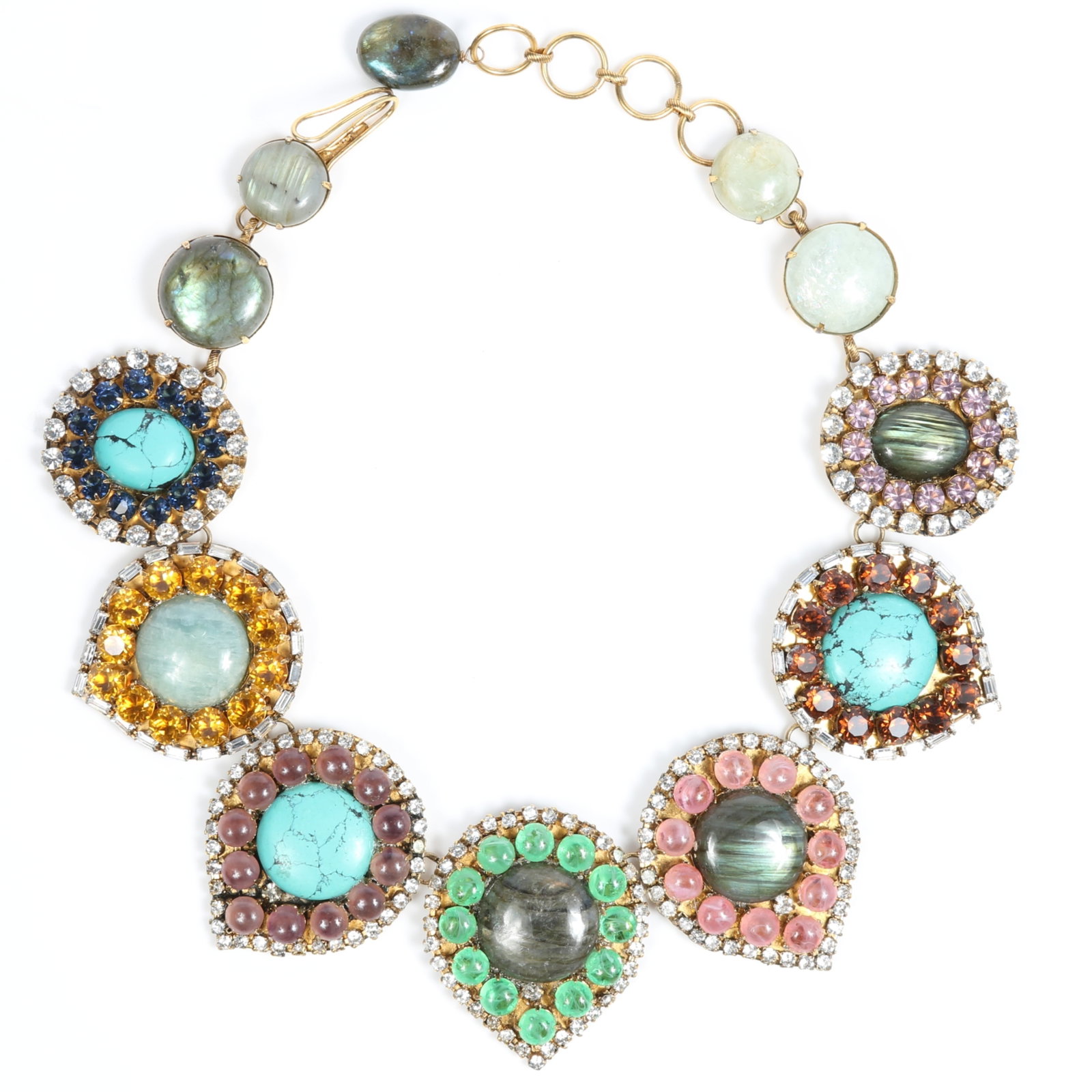 Iradj Moini gilt metal necklace with labradorite cabochons, rhinestone crystals, and multi colored: Iradj Moini gilt metal necklace with labradorite cabochons, rhinestone crystals, and multi colored glass stones Provenance: From the private collection of Dr. Claudia Brodhead 16"L - 18"L, adjustable 