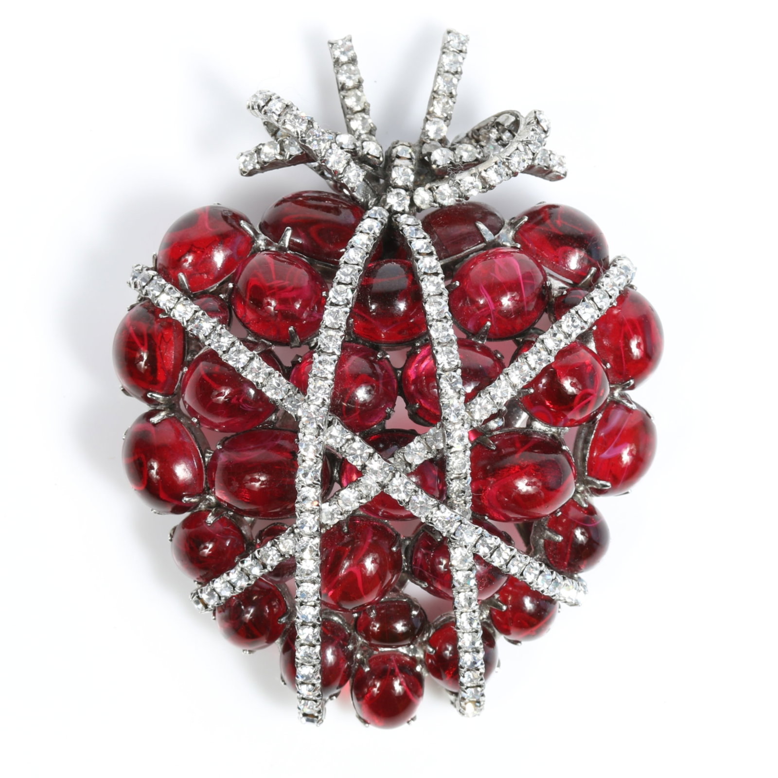 Iradj Moini large swirled art glass cabochons and diamante rhinestones caged heart brooch 3"H x 2: Iradj Moini large swirled art glass cabochons and diamante rhinestones caged heart brooch Provenance: From the private collection of Dr. Claudia Brodhead 3"H x 2 1/2"W