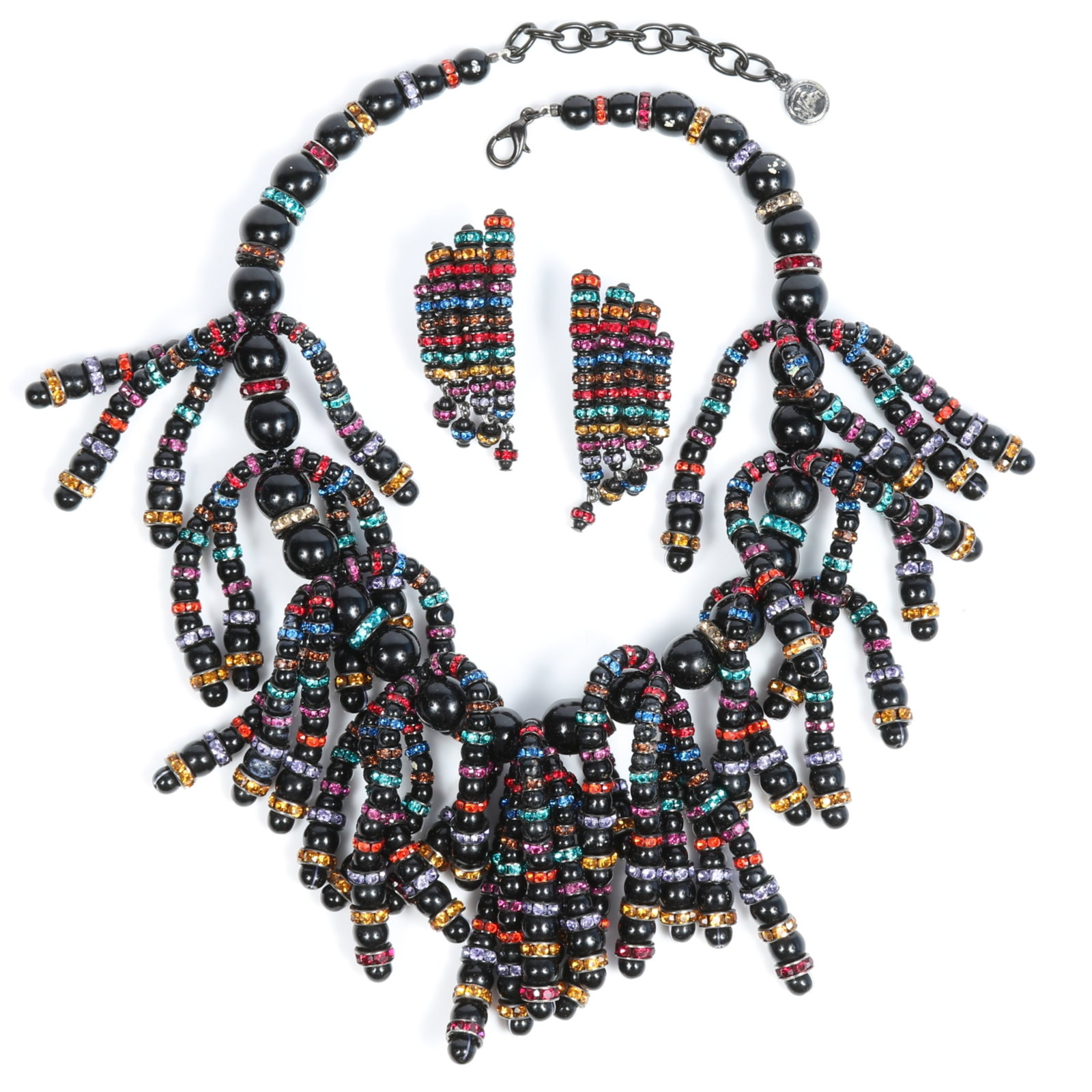 Francoise Montague FM Paris black beaded multi colored rondelle fringe necklace and earrings, with: Francoise Montague FM Paris black beaded multi colored rondelle fringe necklace and earrings, with original tag Provenance: From the private collection of Dr. Claudia Brodhead 16"L - 18"L , adjustable
