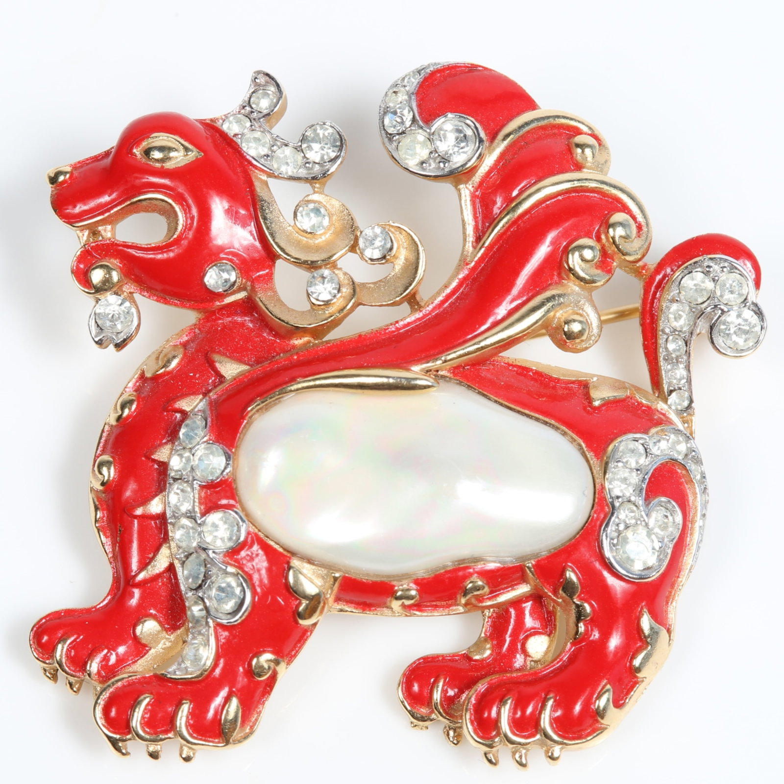 Crown Trifari 1965 REISSUE of 1942 Alfred Philippe designed Ming Lyon pearl belly brooch with red: Crown Trifari 1965 REISSUE of 1942 Alfred Philippe designed Ming Lyon pearl belly brooch with red enamel and diamante rhinestones Reissues were authorized by Trifari, and overseen by Alfred Philippe 1