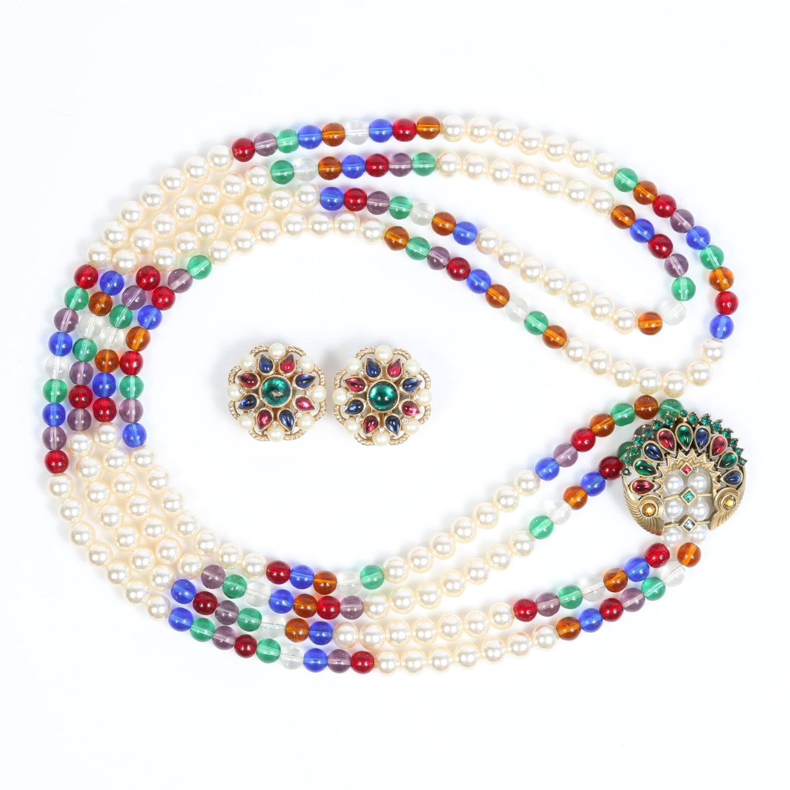 Crown Trifari Jewels of India double strand faux pearl and colorful glass beaded necklace and (1 of 12)