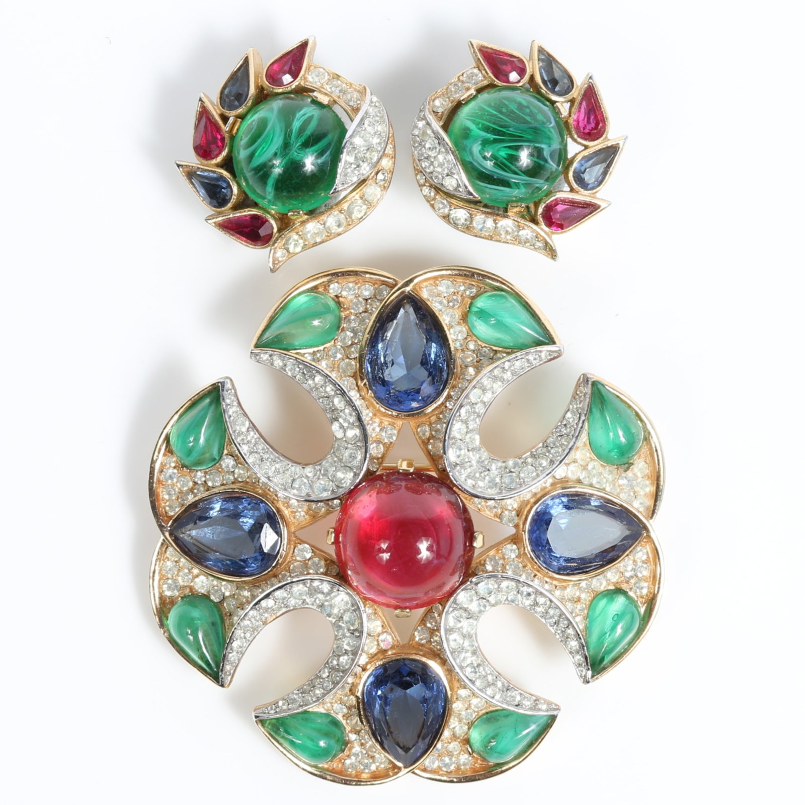 Trifari 1960's Jewels of India Maltese Cross brooch and matching earrings with red, green, and blue (1 of 13)