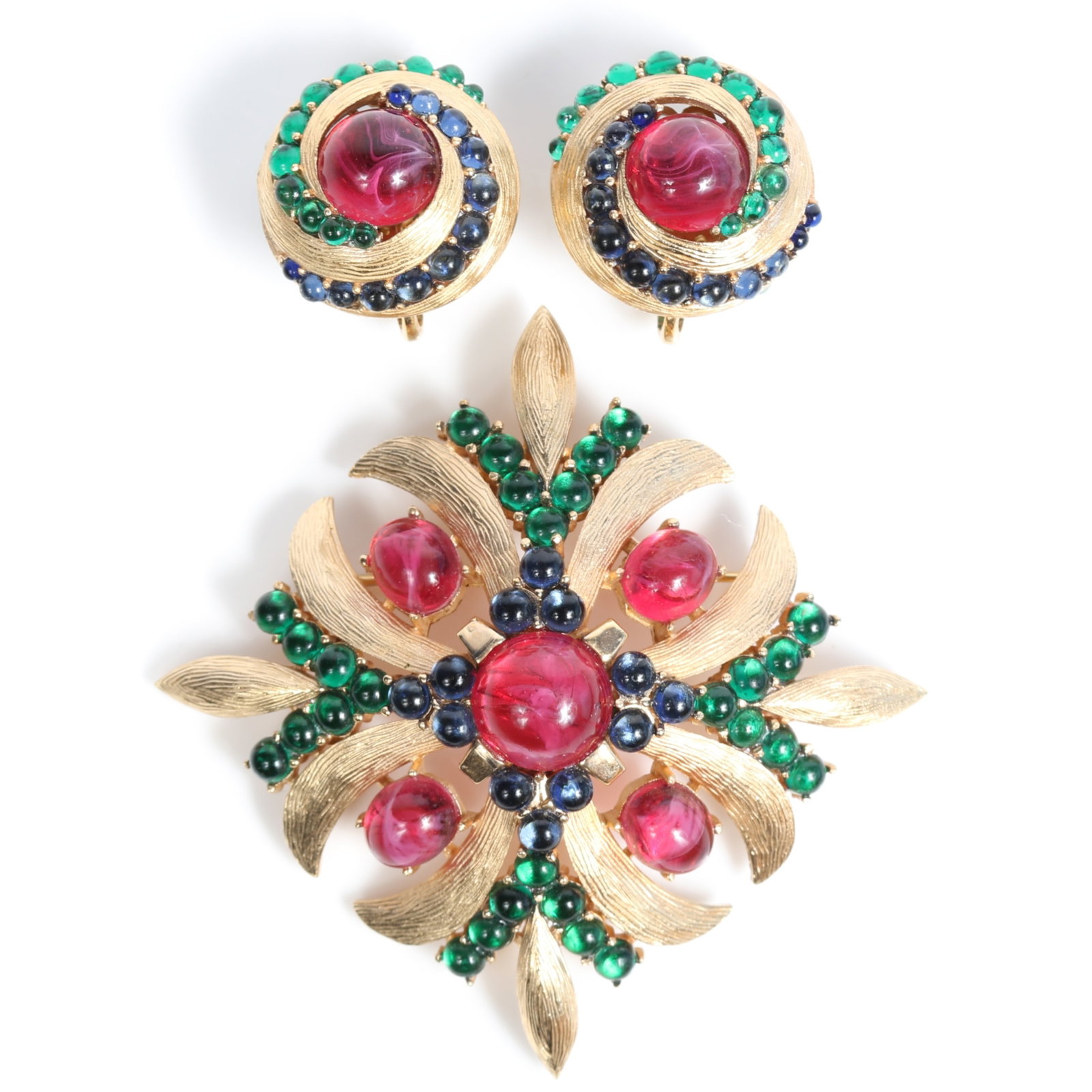 Trifari 1960's Jewels of India Maltese cross brooch and matching earrings with red, blue, and green (1 of 11)