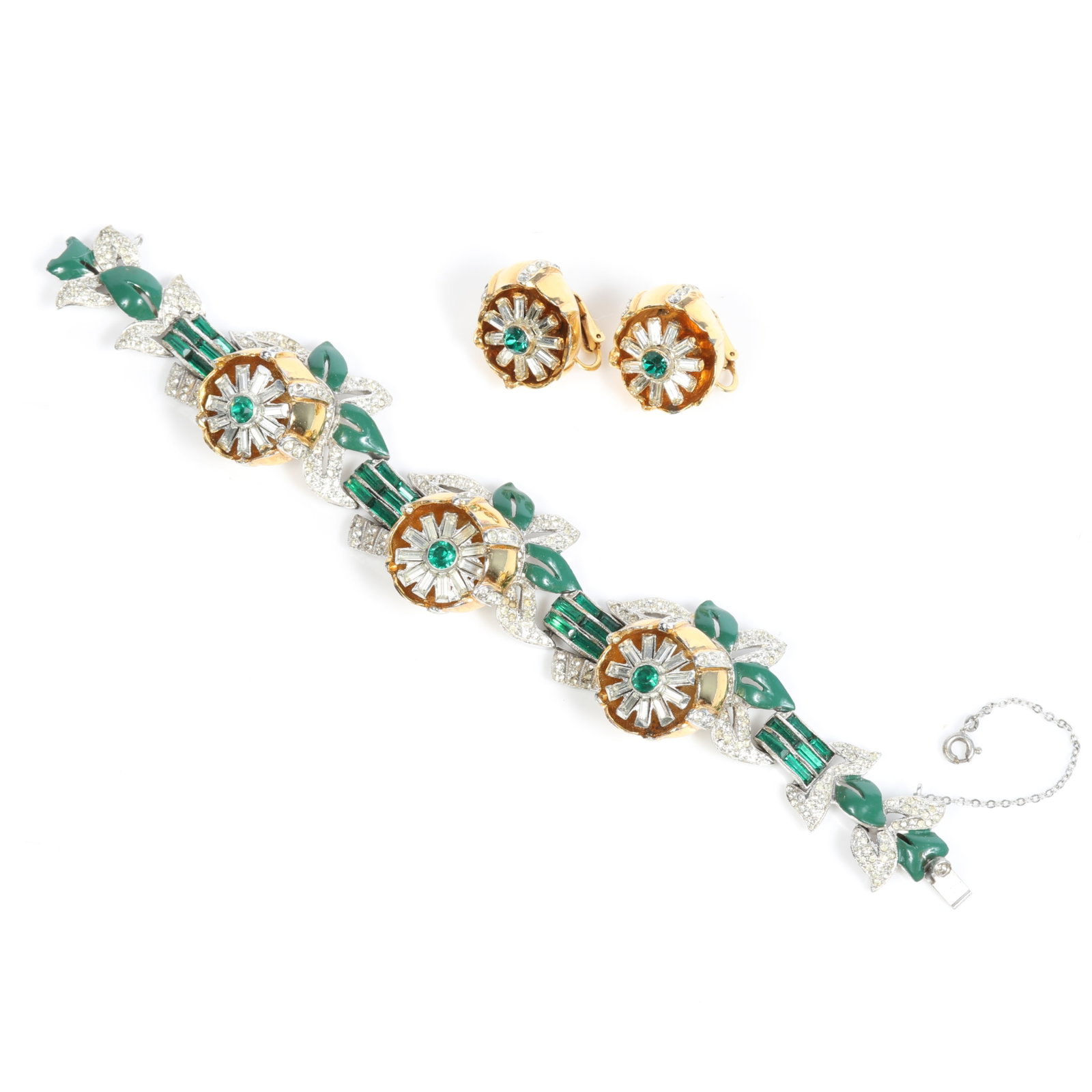Coro Quivering Camellia bracelet with three trembler flowers, green baguettes, pave rhinestones,: Coro Quivering Camellia bracelet with three trembler flowers, green baguettes, pave rhinestones, green enamel leaves and gold wash with matching earrings 7 1/4"L x 1 1/8"W (bracelet)