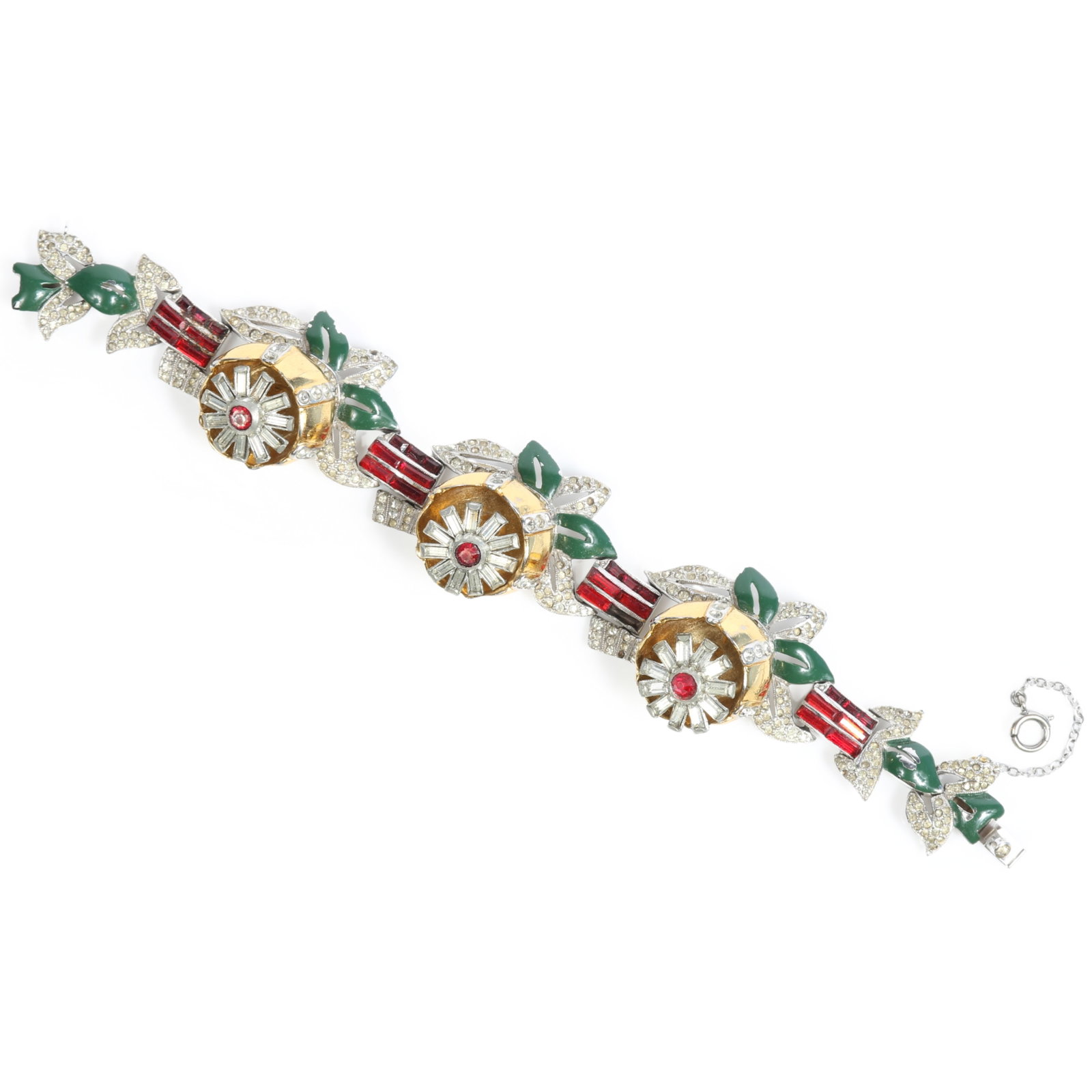 Coro Quivering Camellia bracelet with three trembler flowers, crimson baguettes, pave rhinestones,: Coro Quivering Camellia bracelet with three trembler flowers, crimson baguettes, pave rhinestones, green enamel leaves and gold wash a few missing stones (on white leaves) and one red stone 7 1/4"L x 