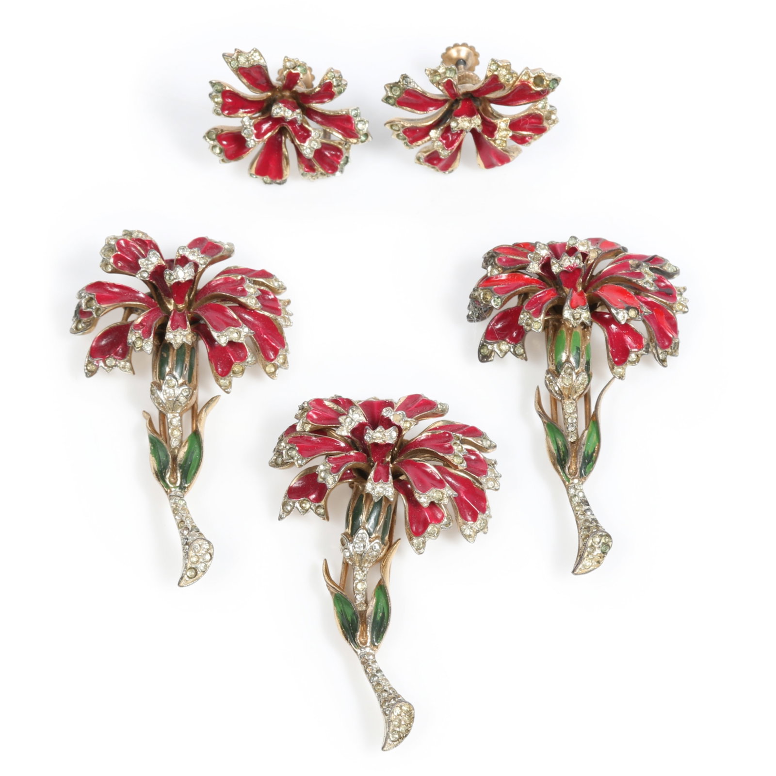 4pc Coro Craft / Corocraft sterling vermeil red enamel carnation flower fur clips with pave accents: 4pc Coro Craft / Corocraft sterling vermeil red enamel carnation flower fur clips with pave accents and matching earrings A few stones missing on stem of one flower 2 3/8"H x 1 3/8"W (fur clip)