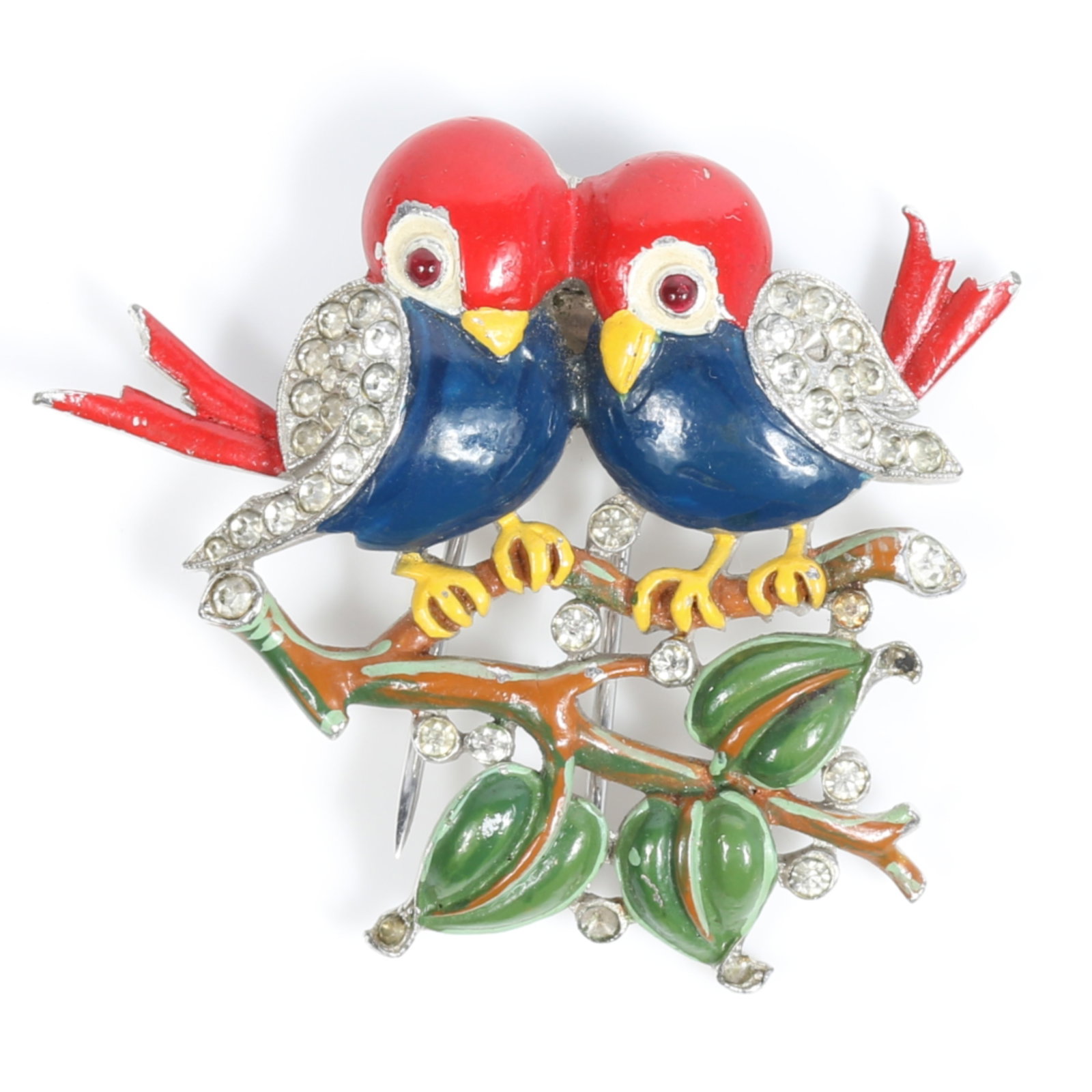 Trifari 1940 Alfred Philippe "Robins" enamel love birds book piece fur clip with pave rhinestones 1: Trifari 1940 Alfred Philippe "Robins" enamel love birds book piece fur clip with pave rhinestones Stones missing on some of the leaves and 1 stone missing on right bird's wing American Costume Jewelry