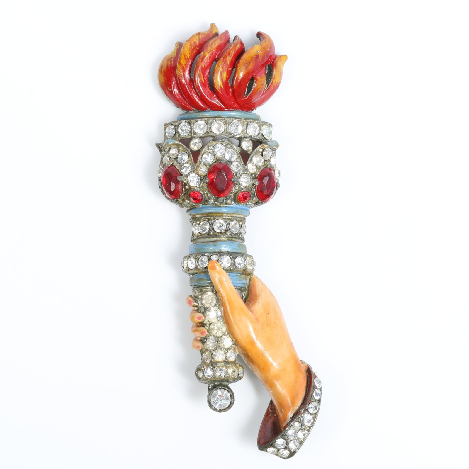 Staret 1942 "Liberty Torch" enamel and pave rhinestone figural book piece brooch with bright red: Staret 1942 "Liberty Torch" enamel and pave rhinestone figural book piece brooch with bright red jewels American Costume Jewelry Vol. 2 by Carla Ginelli Brunialti & Roberto Brunialti pg. 242 Provenanc