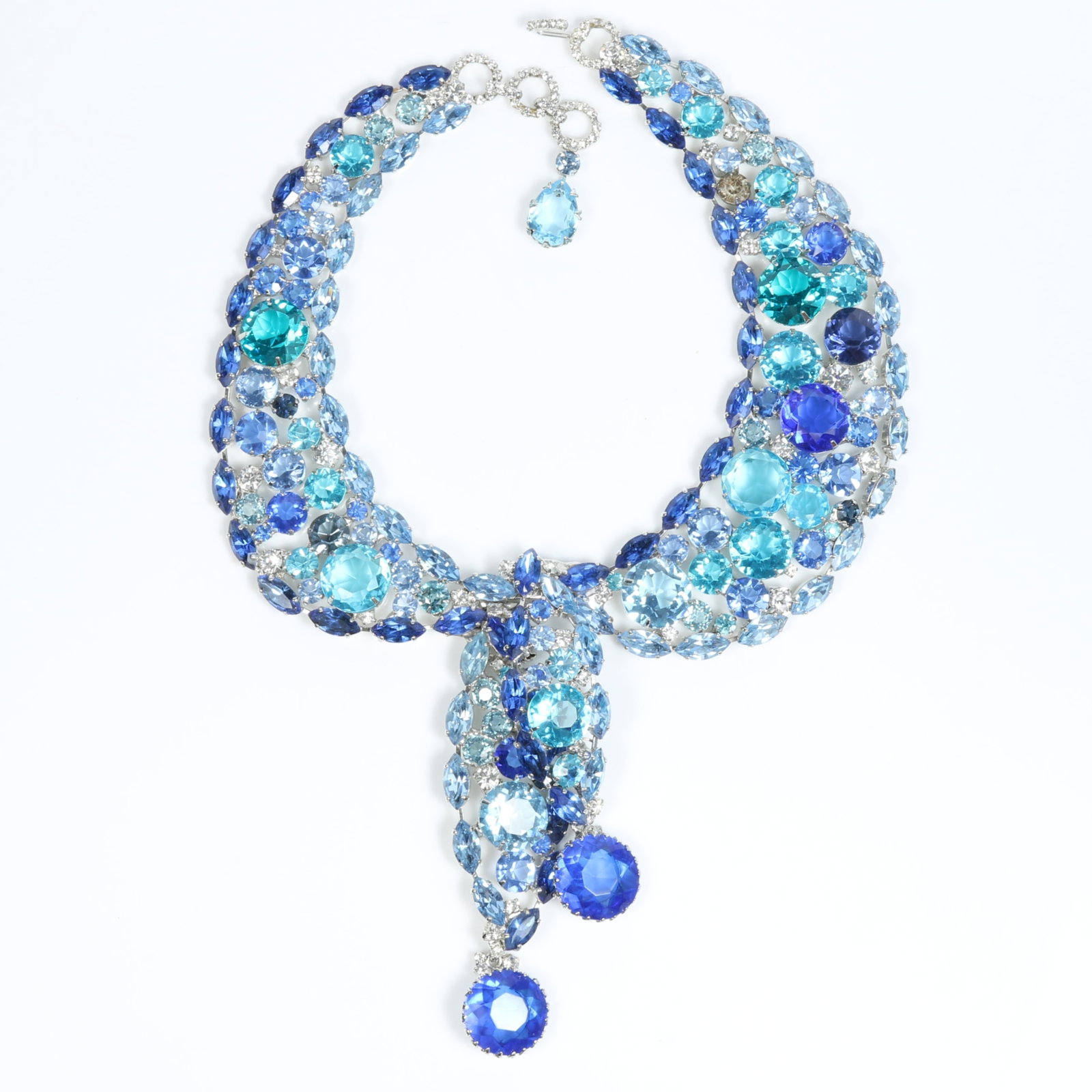 Robert Sorrell Originals statement collar drop necklace with rhinestone crystals in shades of aqua: Robert Sorrell Originals statement collar drop necklace with rhinestone crystals in shades of aqua and blue One dark stone. 17"L x 5"Drop