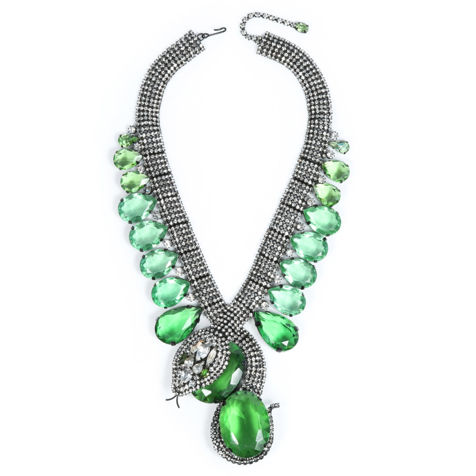 Alan Anderson? Huge statement cross over snake necklace with large green glass jewel drops and: Alan Anderson? Huge statement cross over snake necklace with large green glass jewel drops and diamante rhinestone crystals on japanned metal, unsigned Provenance: From the private collection of Dr. C