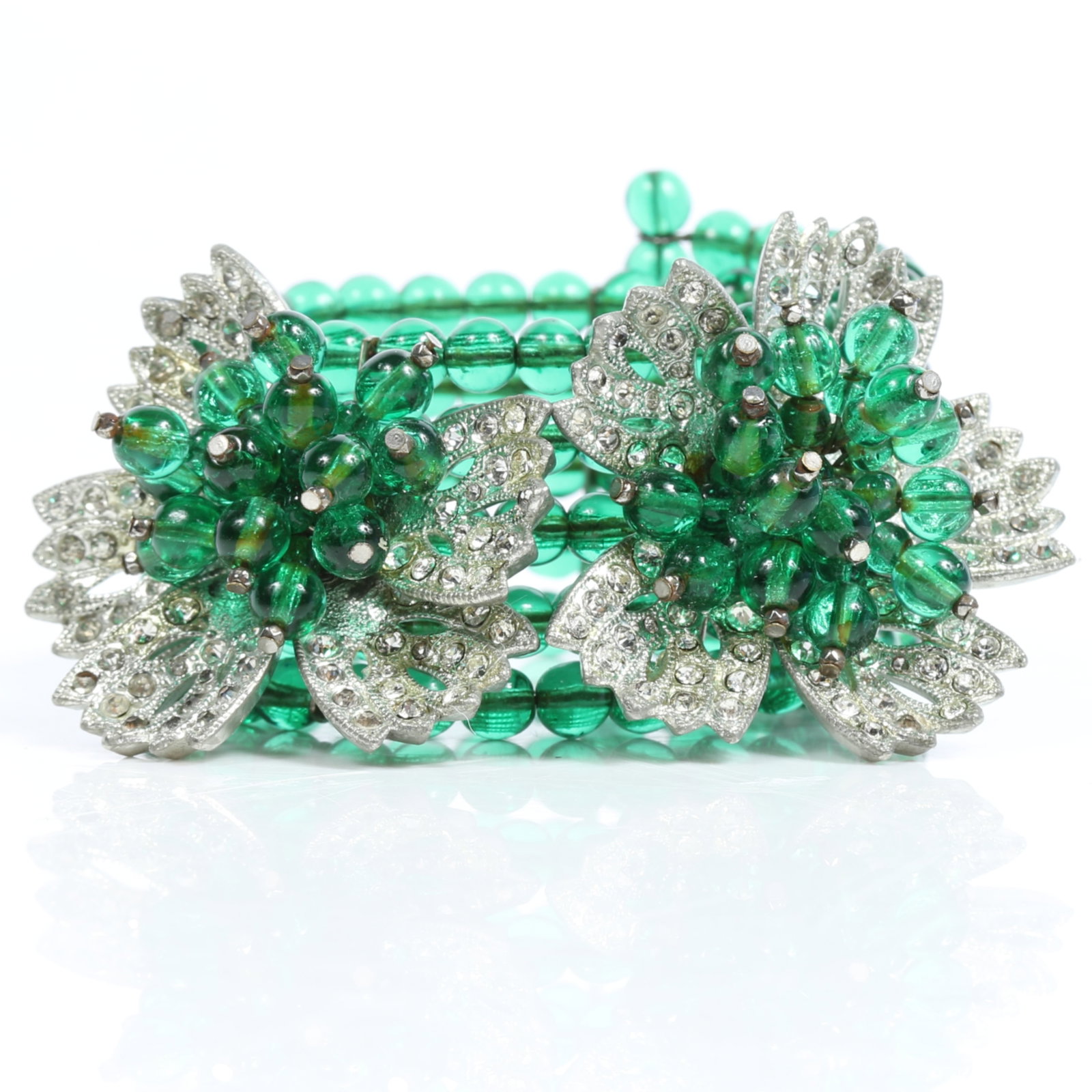 Early unsigned Miriam Haskell green glass beaded memory wire cuff bracelet with double floral motif (1 of 13)