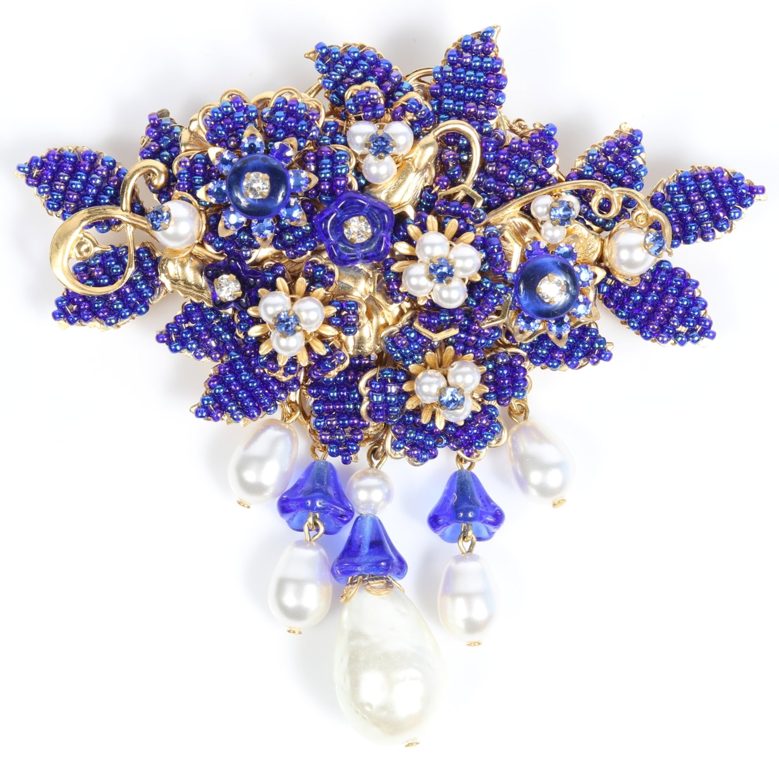 Stanley Hagler Ian St. Gielar hand-wired brooch with blue seed beads, rhinestone crystals, glass: Stanley Hagler Ian St. Gielar hand-wired brooch with blue seed beads, rhinestone crystals, glass floral and faux pearl drops Provenance: From the Collection of Joan Duran, owner of The Queen's Bedroom
