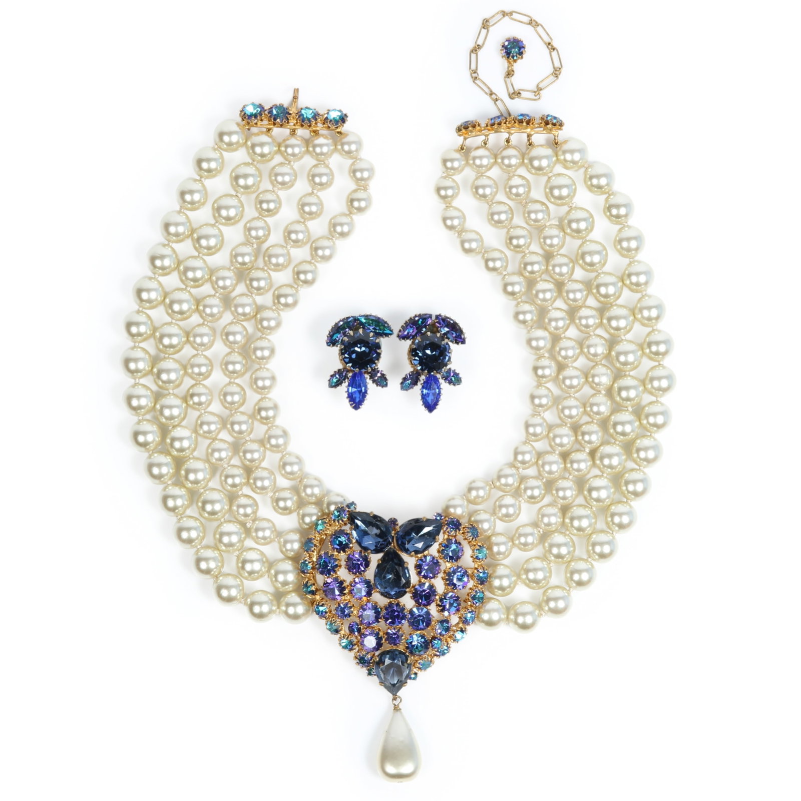 CIS Countess Cissy Zoltowska multi-strand faux pearl choker necklace with heart shaped center: CIS Countess Cissy Zoltowska multi-strand faux pearl choker necklace with heart shaped center medallion set with various shades of blue rhinestone Austrian crystals and one large pearl drop with match