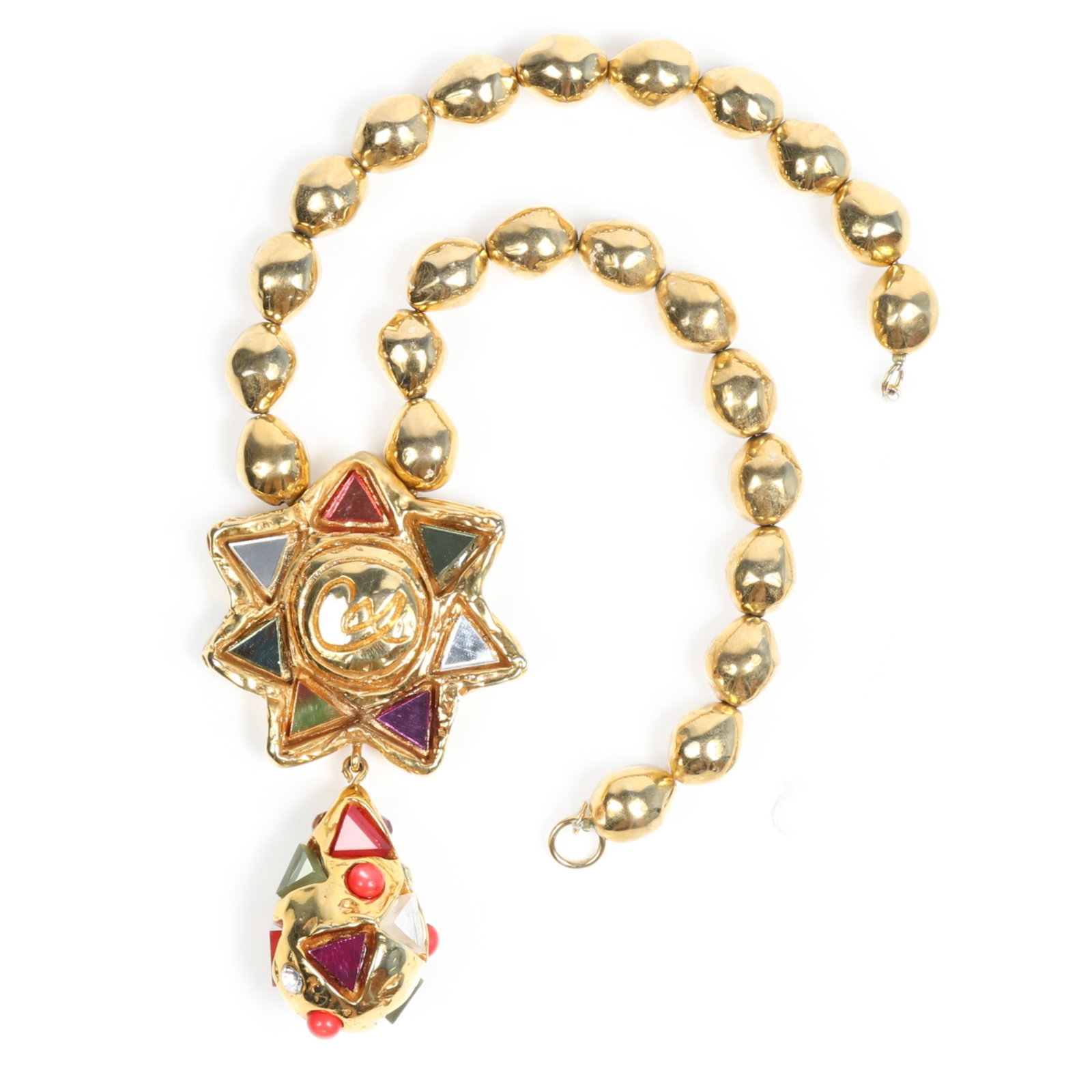 Christian Lacroix French haute couture runway mirrored glass, rhinestone crystal, and faux coral: Christian Lacroix French haute couture runway mirrored glass, rhinestone crystal, and faux coral cabochon drop necklace Provenance: From the private collection of Dr. Claudia Brodhead 15"L x 4" Drop
