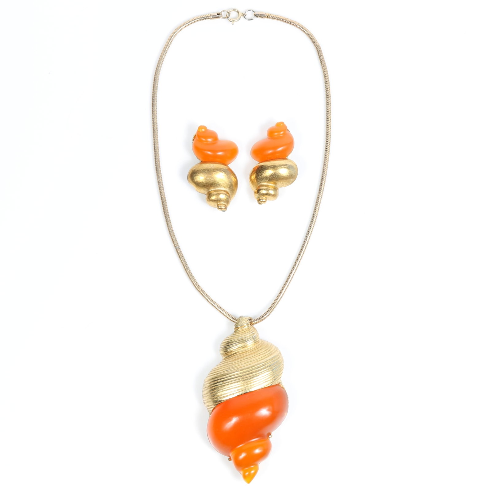 Christian Dior Parfums by Robert Goossens large gilt and resin seashell pendant / brooch and: Christian Dior Parfums by Robert Goossens large gilt and resin seashell pendant / brooch and matching earrings Provenance: From the private collection of Dr. Claudia Brodhead 18"L x 4" Drop