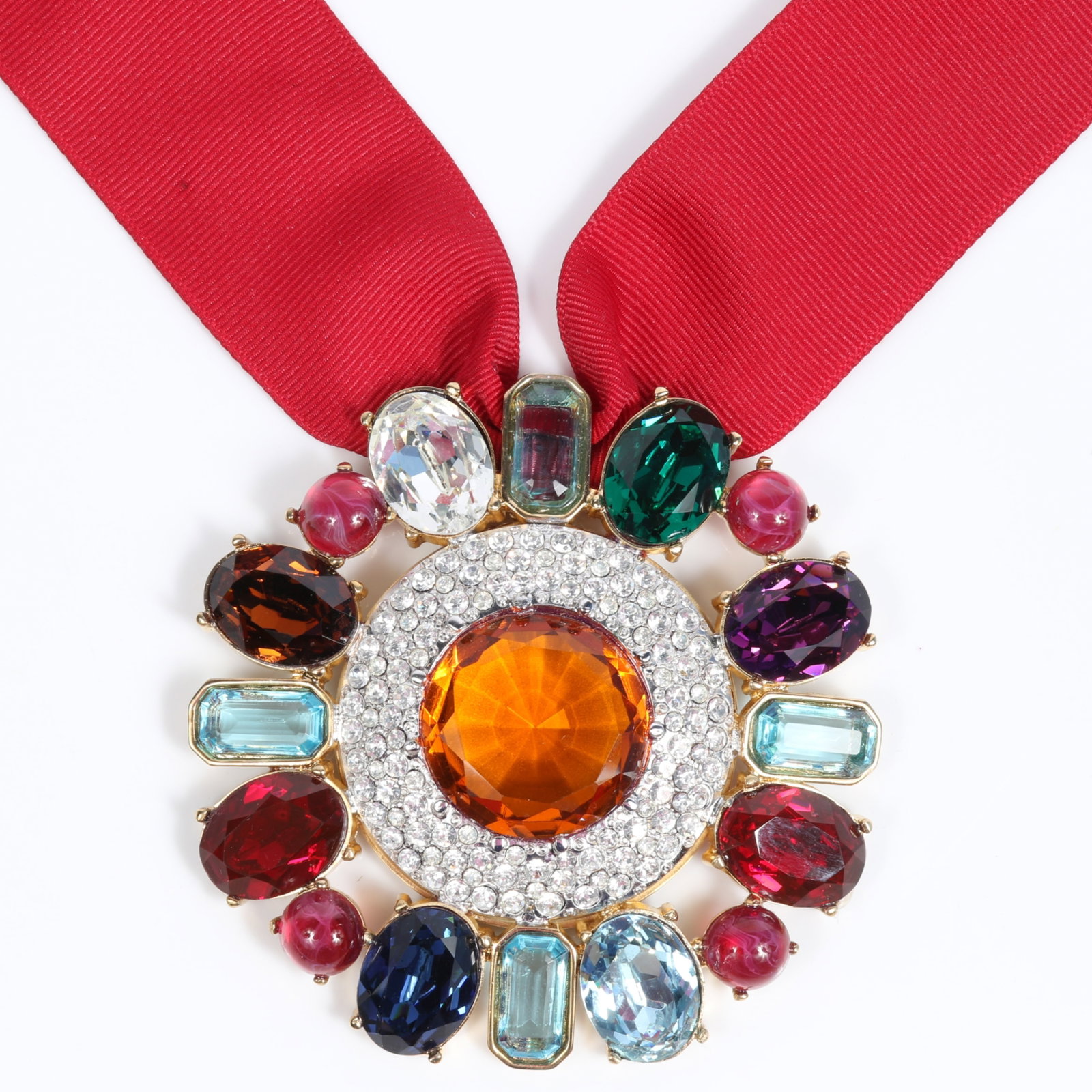 Rare 1984 Trifari multi-color jeweled rhinestone cabochon gala retirement medallion with personal: Rare 1984 Trifari multi-color jeweled rhinestone cabochon gala retirement medallion with personal inscription on the back 3 1/2"H x 3 1/2"W (medallion) The item is 34" long
