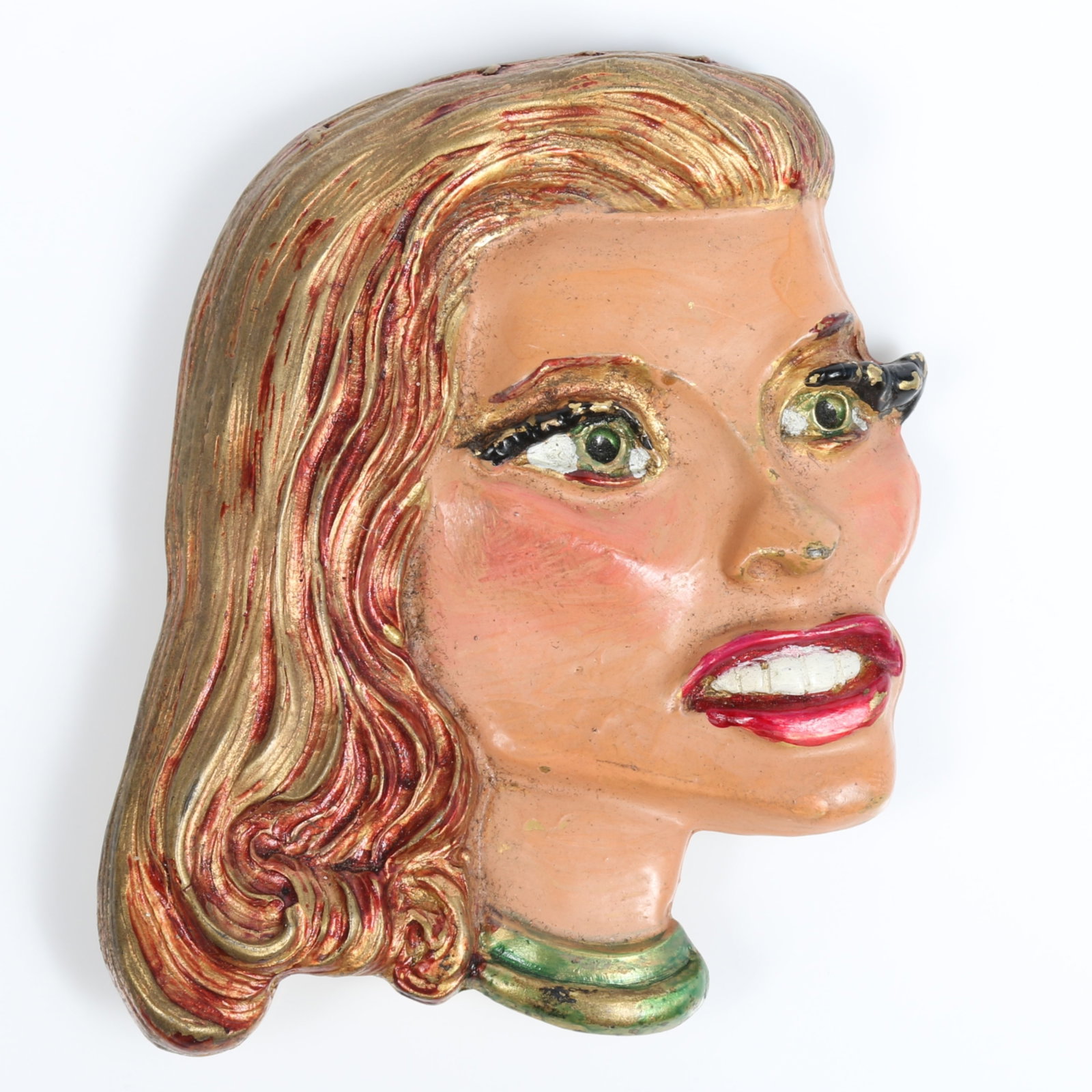 Very Rare 1940's retro figural face enameled movie star brooch of Lauren Bacall, Joan Crawford, or: Very Rare 1940's retro figural face enameled movie star brooch of Lauren Bacall, Joan Crawford, or Katharine Hepburn Provenance: From the private collection of Dr. Claudia Brodhead 3"H x 2 1/4"W