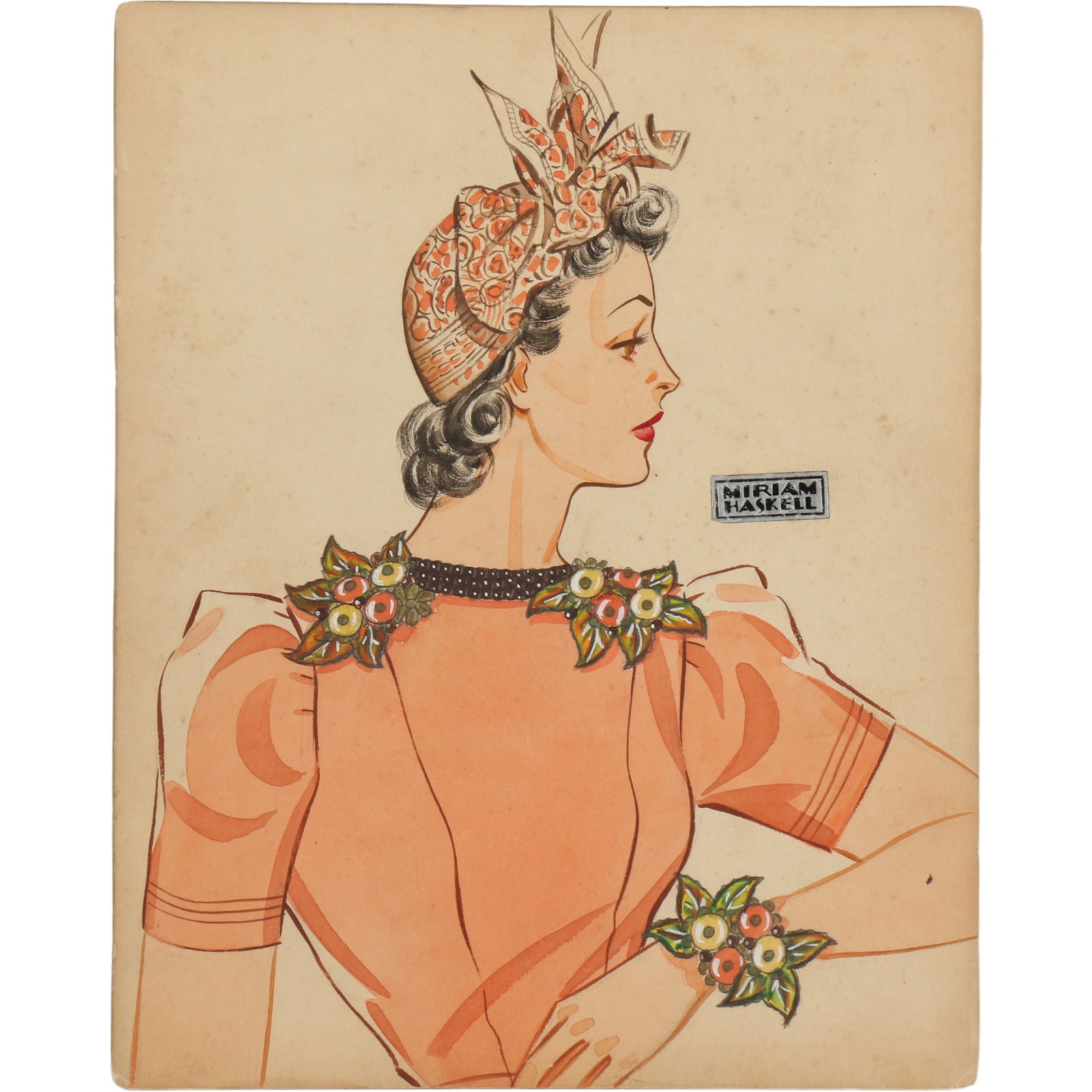 Miriam Haskell 1940's jewelry watercolor illustration by Larry Austin featuring an unusual side: Miriam Haskell 1940's jewelry watercolor illustration by Larry Austin featuring an unusual side profile view of a model wearing floral jewelry and hat. 10"H x 8"W
