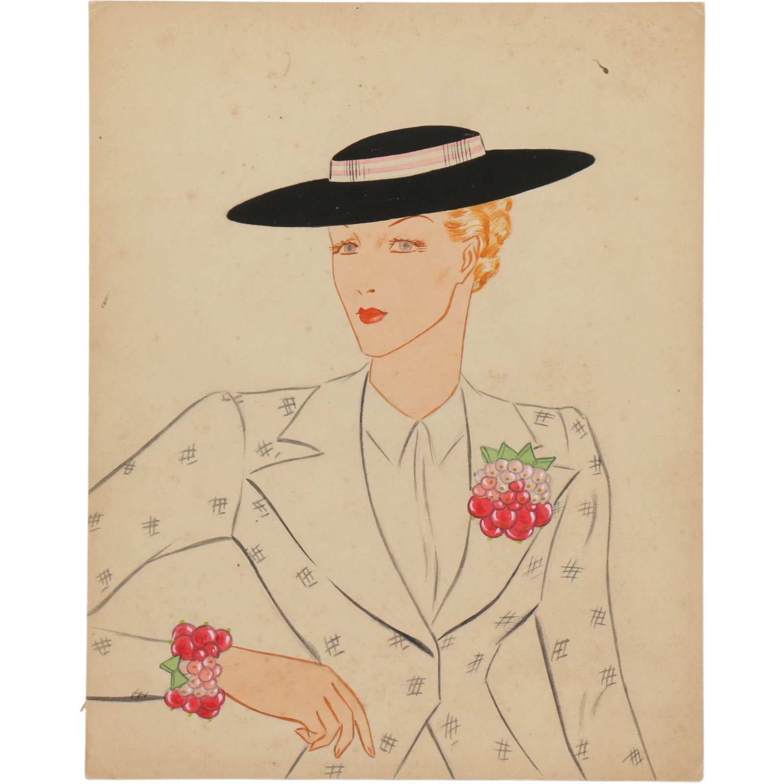 Miriam Haskell 1940's jewelry watercolor illustration by Larry Austin featuring model wearing a: Miriam Haskell 1940's jewelry watercolor illustration by Larry Austin featuring model wearing a prominent floral-themed brooch and matching bracelet. 9 3/4"H x 7 3/4"W