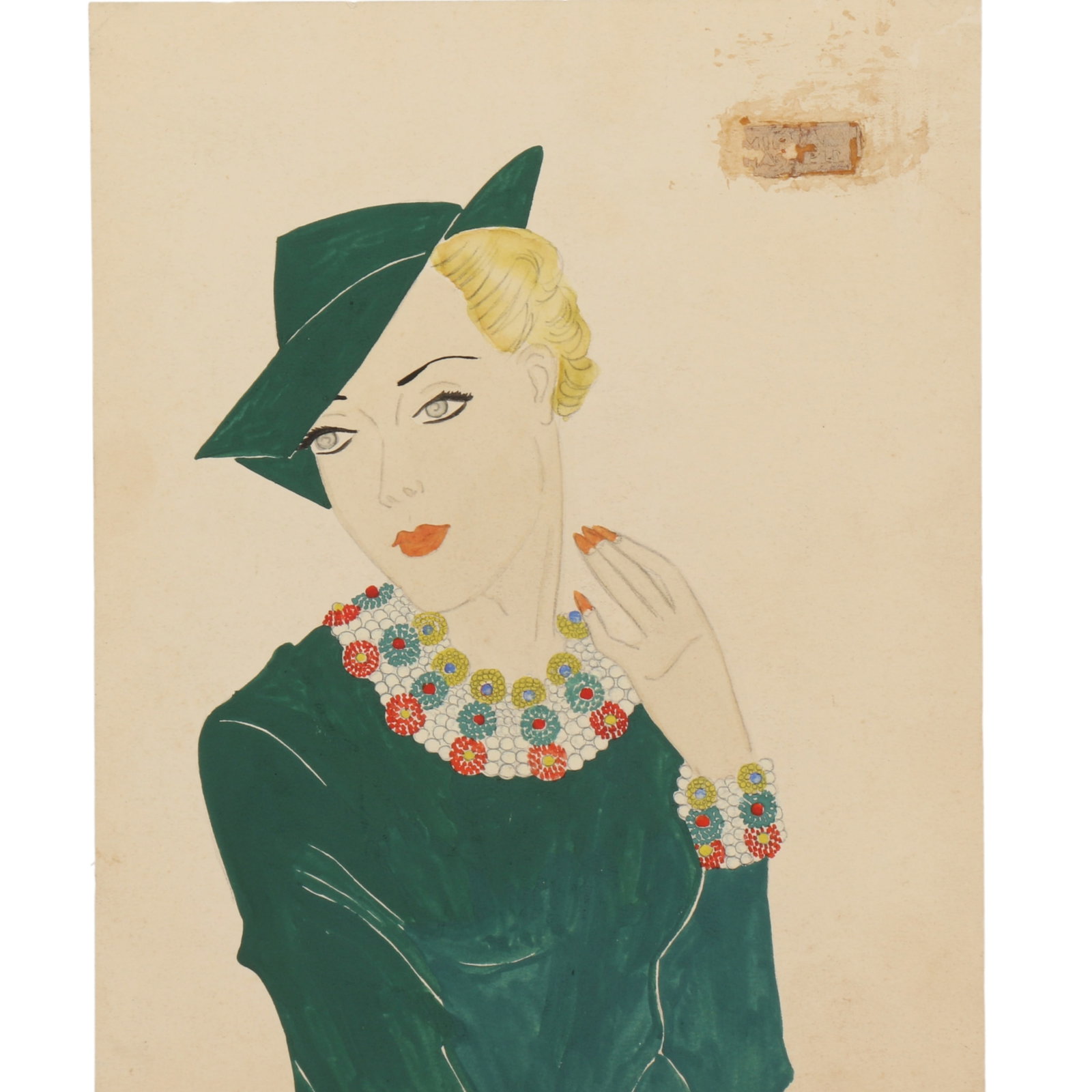Miriam Haskell 1940's jewelry watercolor illustration by Larry Austin featuring a model wearing (1 of 10)