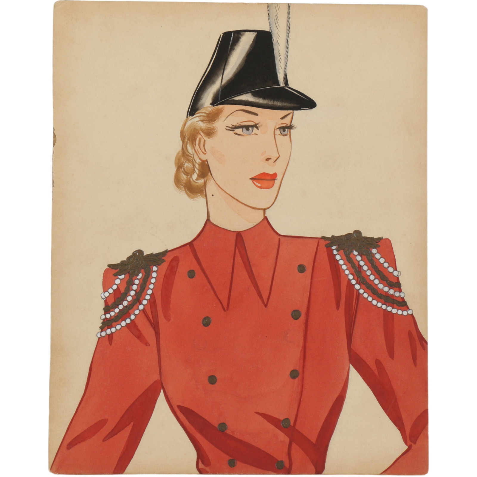 Miriam Haskell 1940's jewelry watercolor illustration by Larry Austin featuring a woman in a red,: Miriam Haskell 1940's jewelry watercolor illustration by Larry Austin featuring a woman in a red, military-inspired jacket with decorative epaulet brooches and a structured shako-style hat. 10"H x 8"W