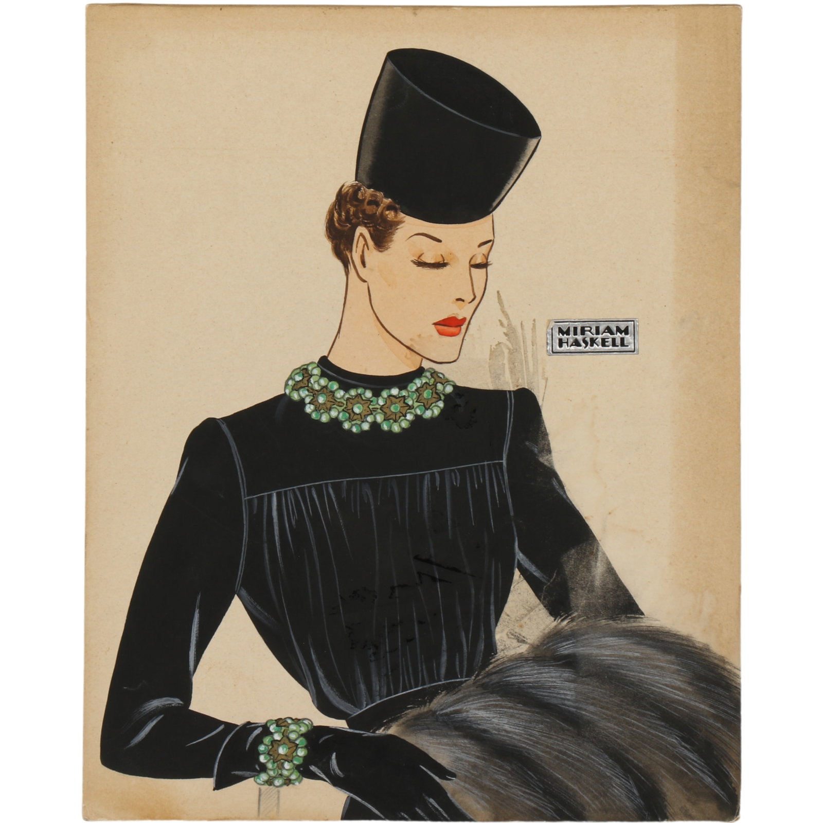 Miriam Haskell 1940's jewelry watercolor illustration by Larry Austin featuring a model wearing (1 of 10)