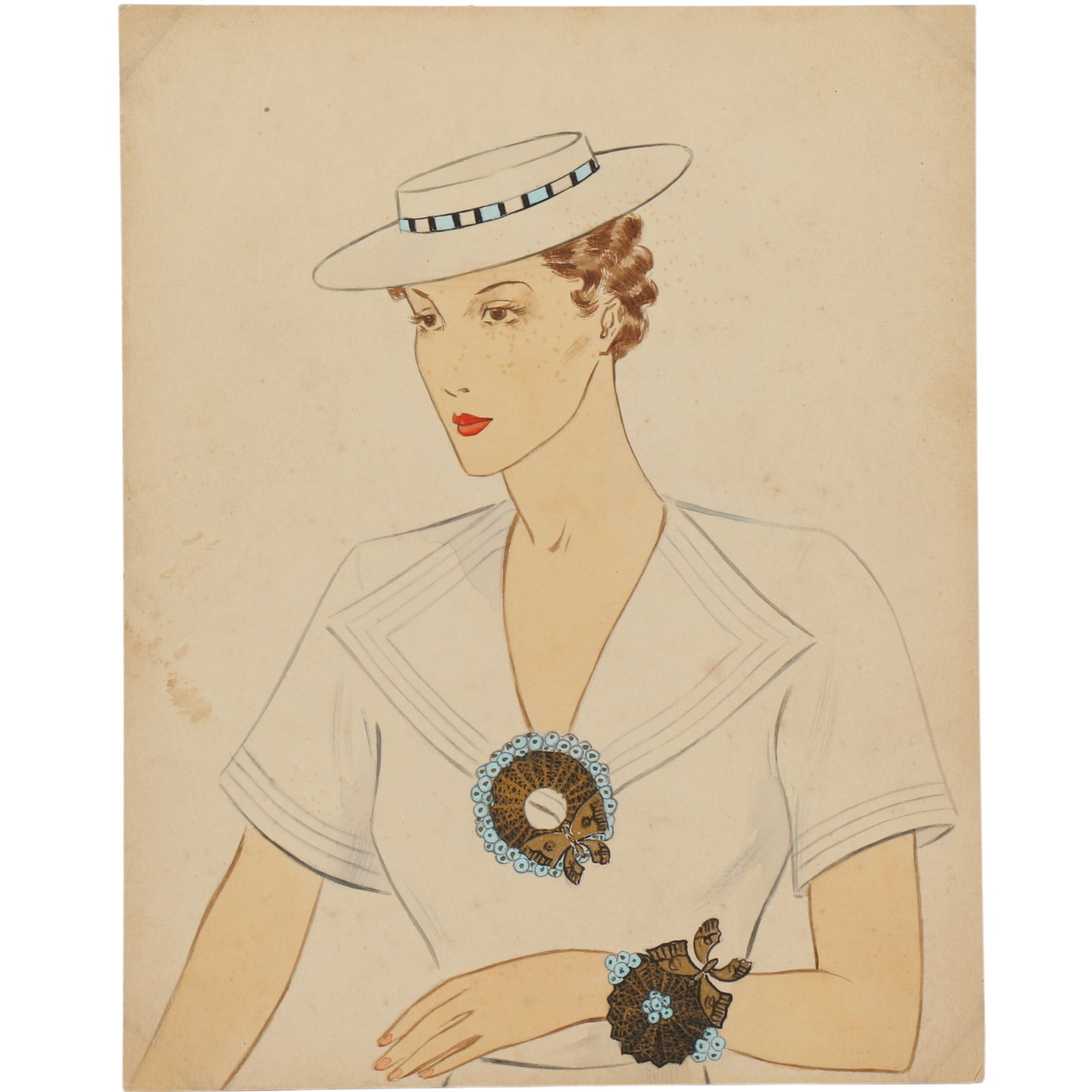 Miriam Haskell jewelry watercolor illustration by Larry Austin featuring a model wearing ornate,: Miriam Haskell jewelry watercolor illustration by Larry Austin featuring a model wearing ornate, detailed flower cluster jewelry, specifically a brooch and bracelet, along with a patterned hat 9 3/4"H