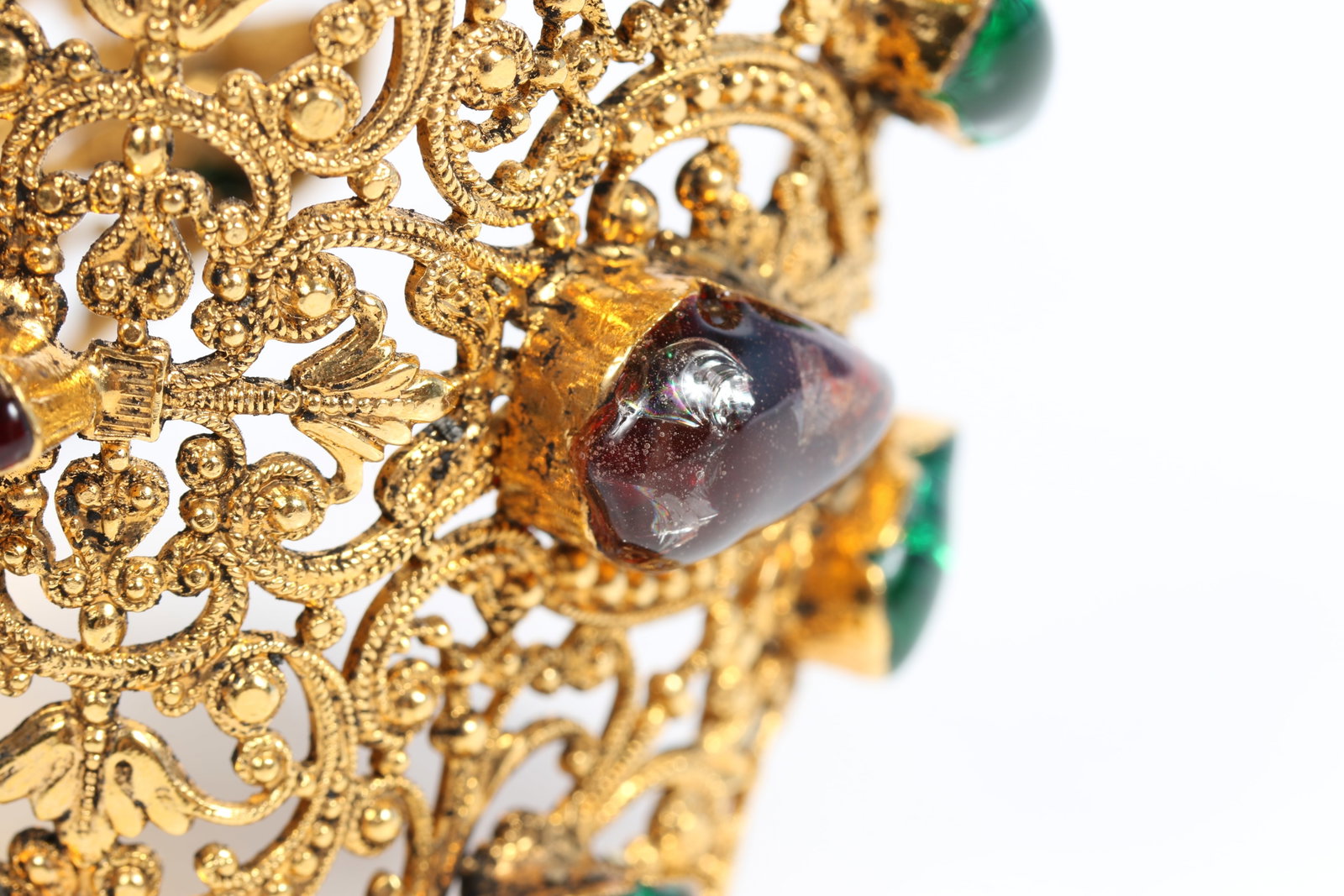 HUGE Coco Chanel haute couture filigree cuff bracelet with green and red gripoix glass 2 3/8"W x - 10