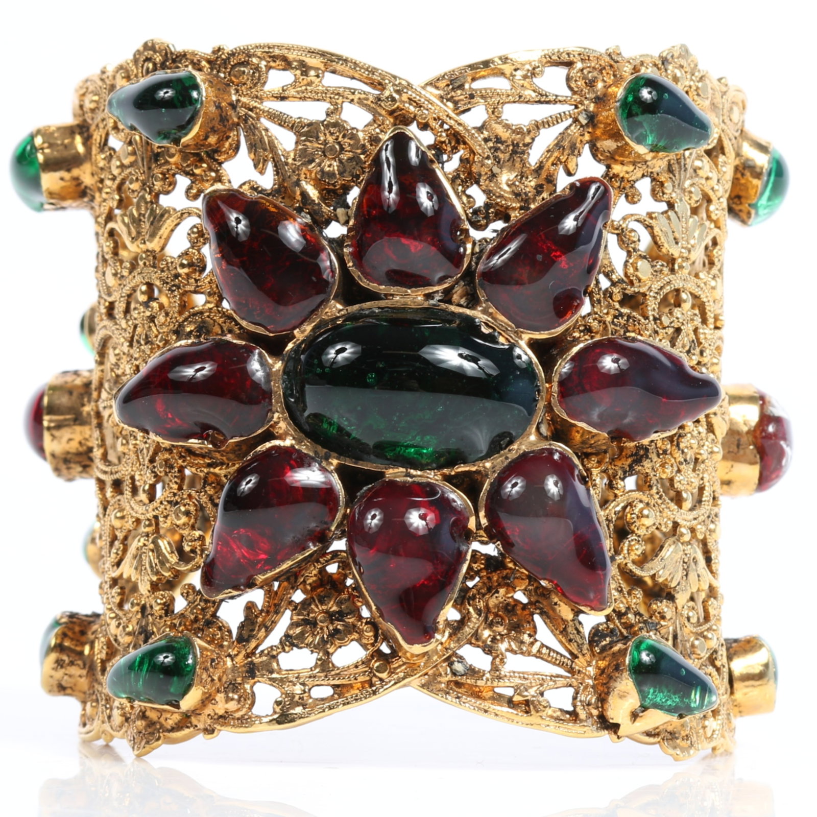 HUGE Coco Chanel haute couture filigree cuff bracelet with green and red gripoix glass 2 3/8"W x: HUGE Coco Chanel haute couture filigree cuff bracelet with green and red gripoix glass Several glass pieces are chipped. Signed "Chanel Made in France" Provenance: From the Collection of Joan Duran, o