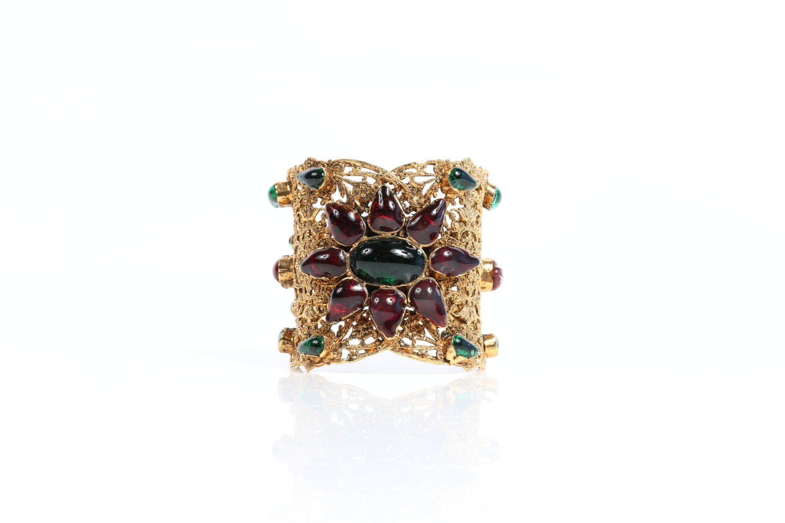 HUGE Coco Chanel haute couture filigree cuff bracelet with green and red gripoix glass 2 3/8"W x - 2