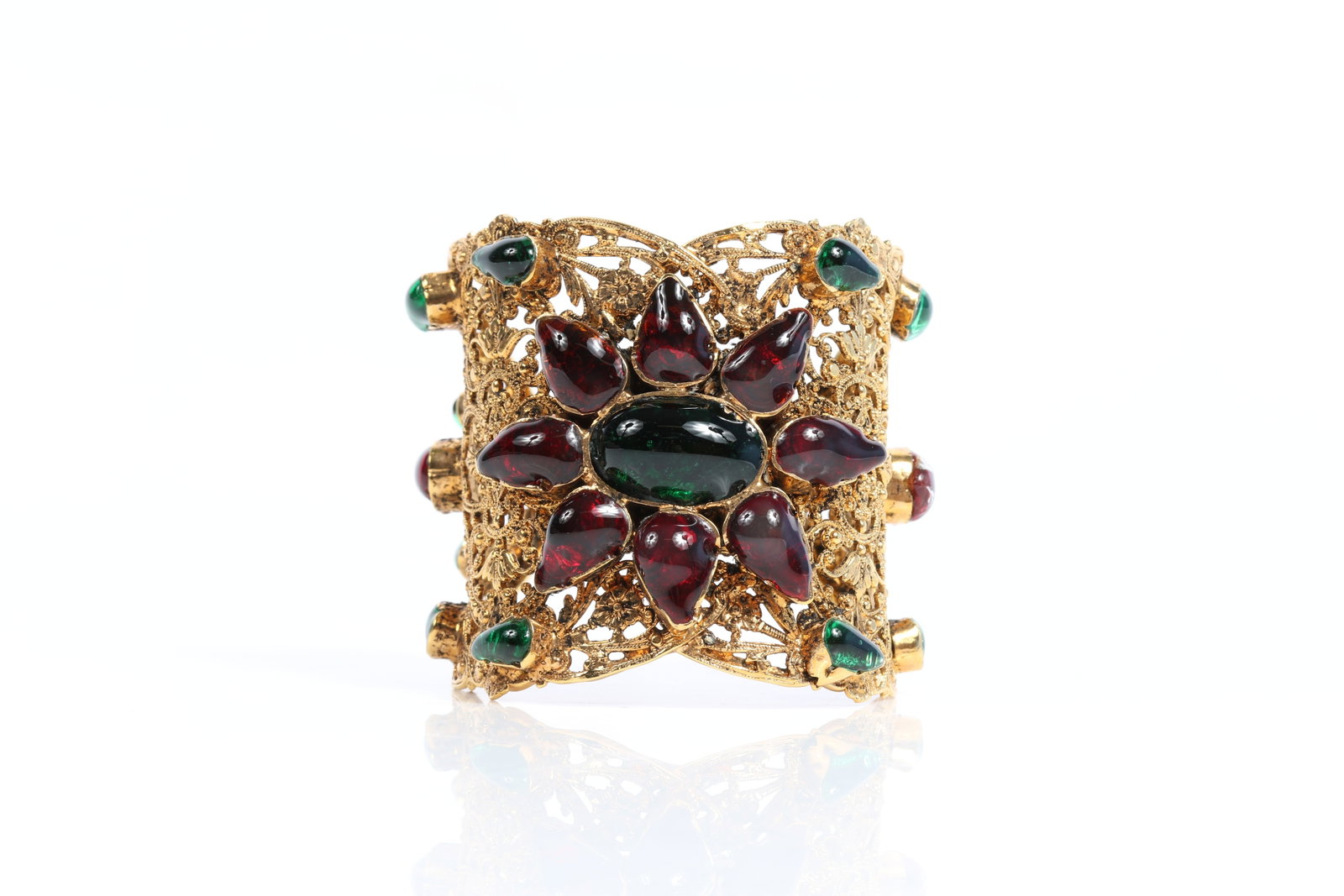 HUGE Coco Chanel haute couture filigree cuff bracelet with green and red gripoix glass 2 3/8"W x - 3