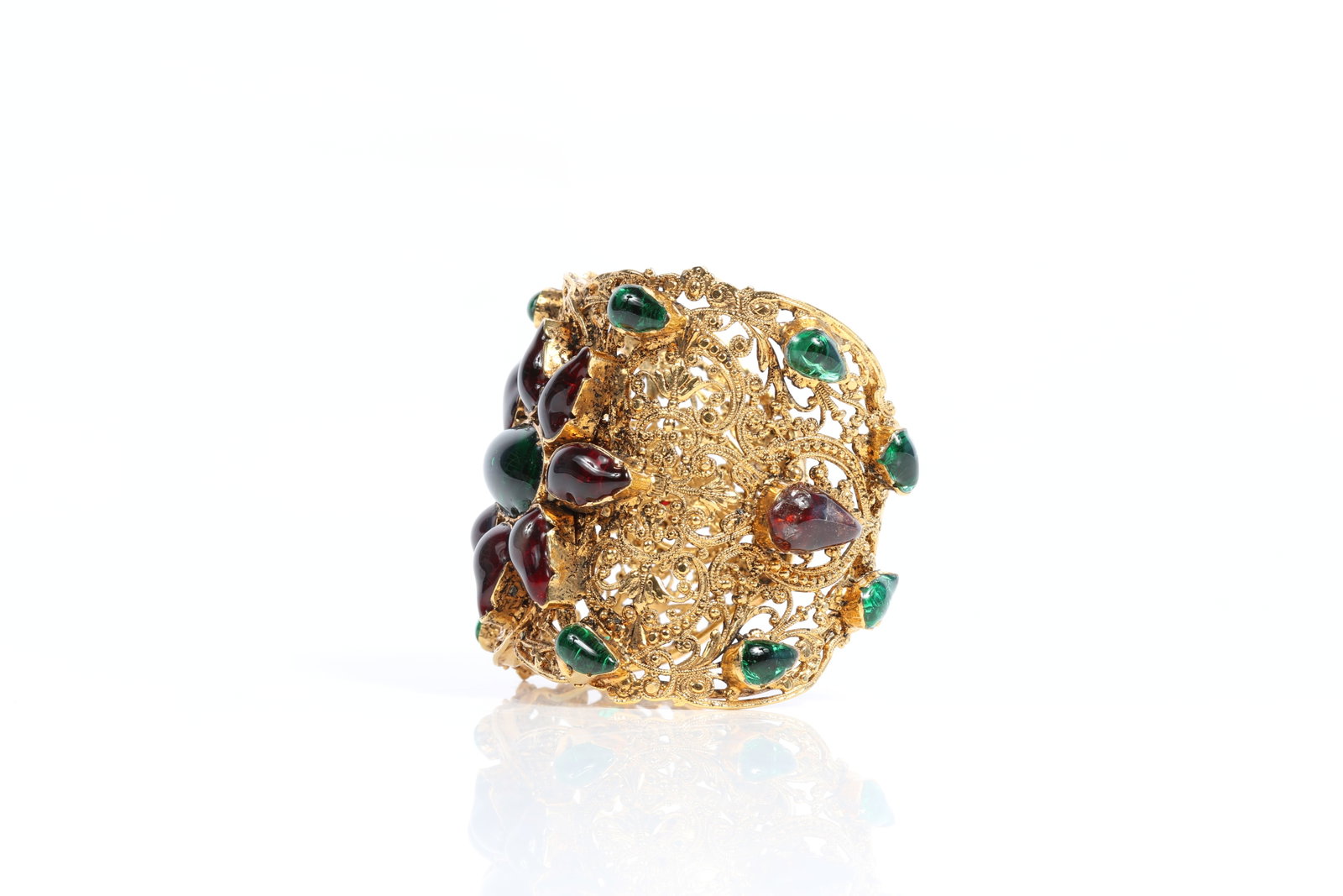 HUGE Coco Chanel haute couture filigree cuff bracelet with green and red gripoix glass 2 3/8"W x - 4