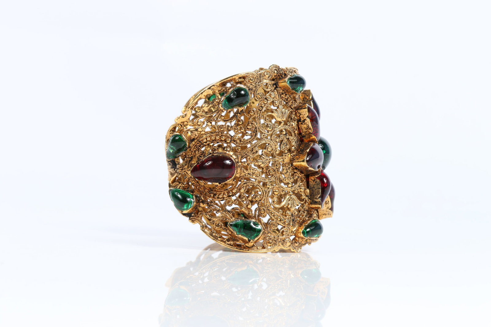 HUGE Coco Chanel haute couture filigree cuff bracelet with green and red gripoix glass 2 3/8"W x - 5