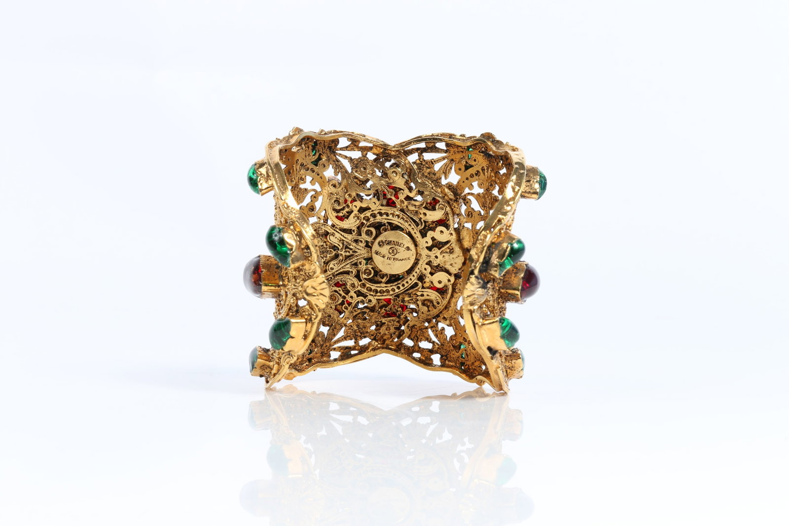 HUGE Coco Chanel haute couture filigree cuff bracelet with green and red gripoix glass 2 3/8"W x - 6