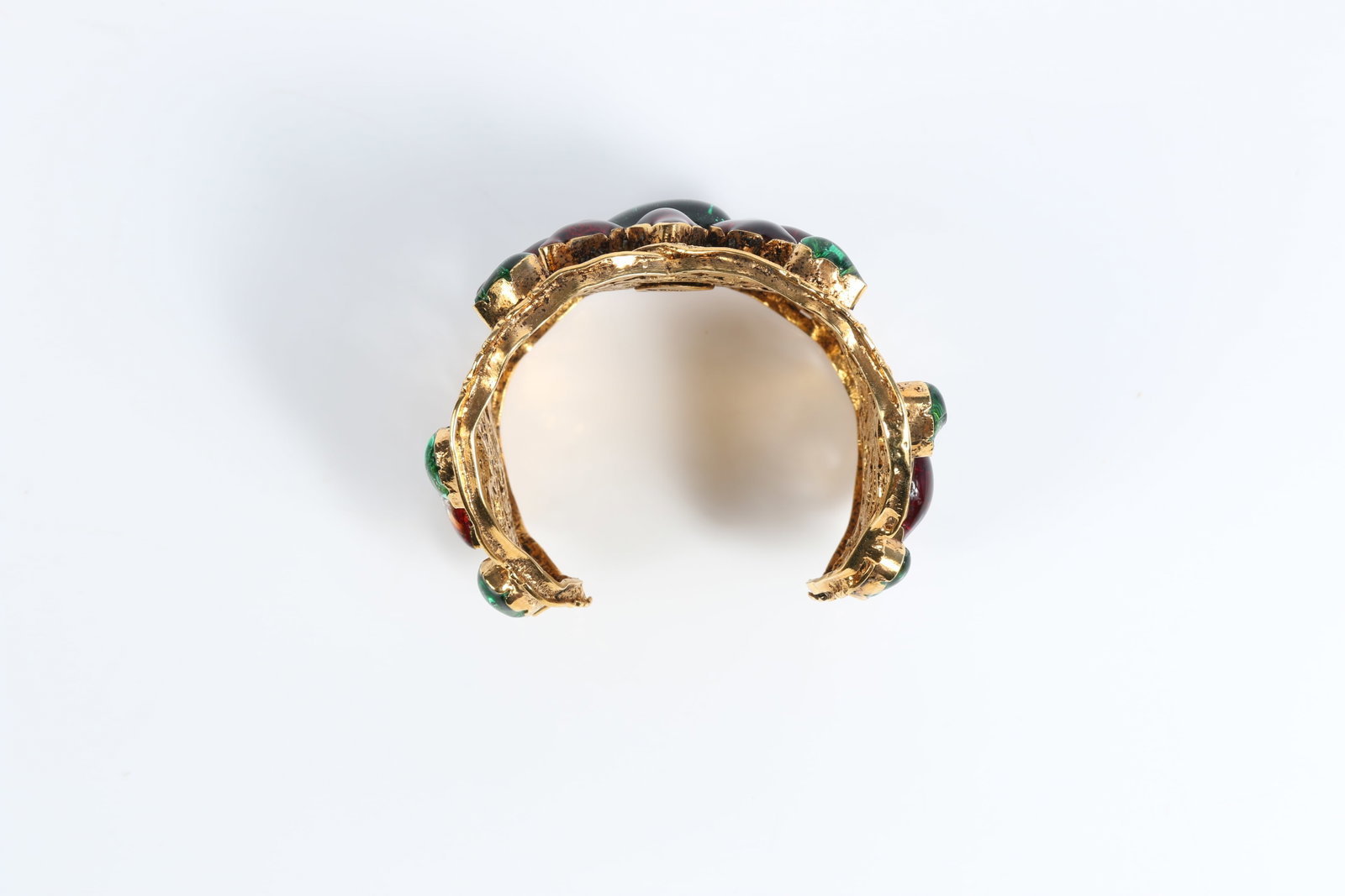 HUGE Coco Chanel haute couture filigree cuff bracelet with green and red gripoix glass 2 3/8"W x - 7