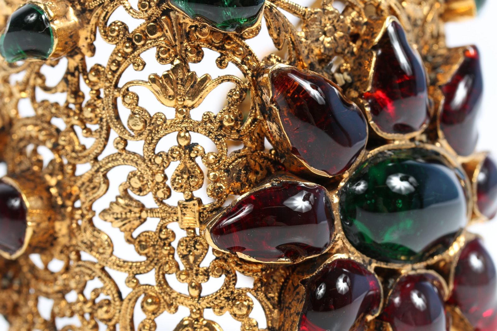 HUGE Coco Chanel haute couture filigree cuff bracelet with green and red gripoix glass 2 3/8"W x - 8
