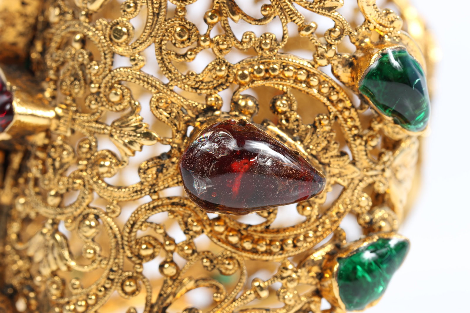 HUGE Coco Chanel haute couture filigree cuff bracelet with green and red gripoix glass 2 3/8"W x - 9