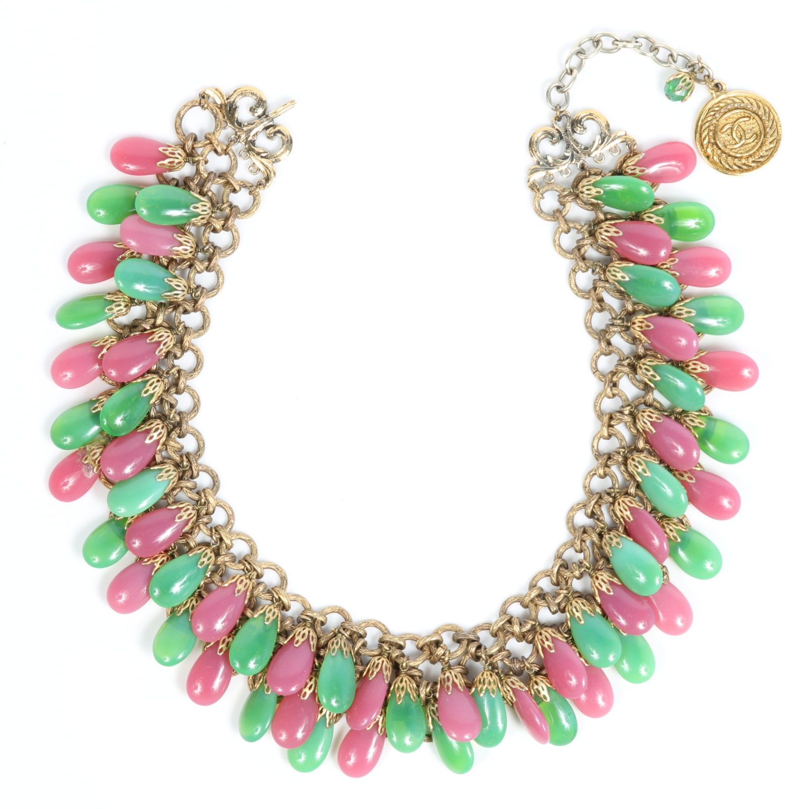 Chanel 1970's layered bib necklace with pink and green teardrop shaped poured Gripoix glass drops (1 of 11)
