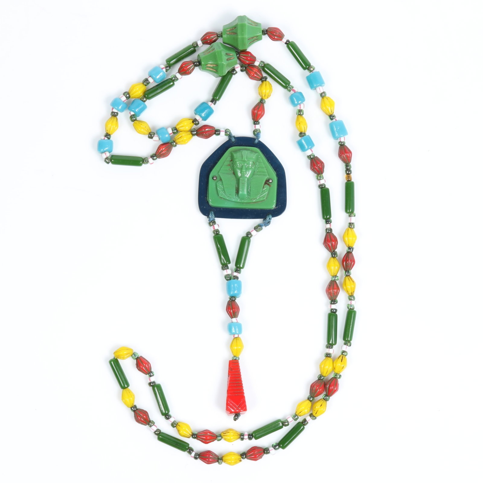 French? long colorful Art Deco Czech glass and Bakelite Egyptian Revival necklace 33"L x 4 1/2" Drop: French? long colorful Art Deco Czech glass and Bakelite Egyptian Revival necklace Provenance: From the private collection of Dr. Claudia Brodhead 33"L x 4 1/2" Drop